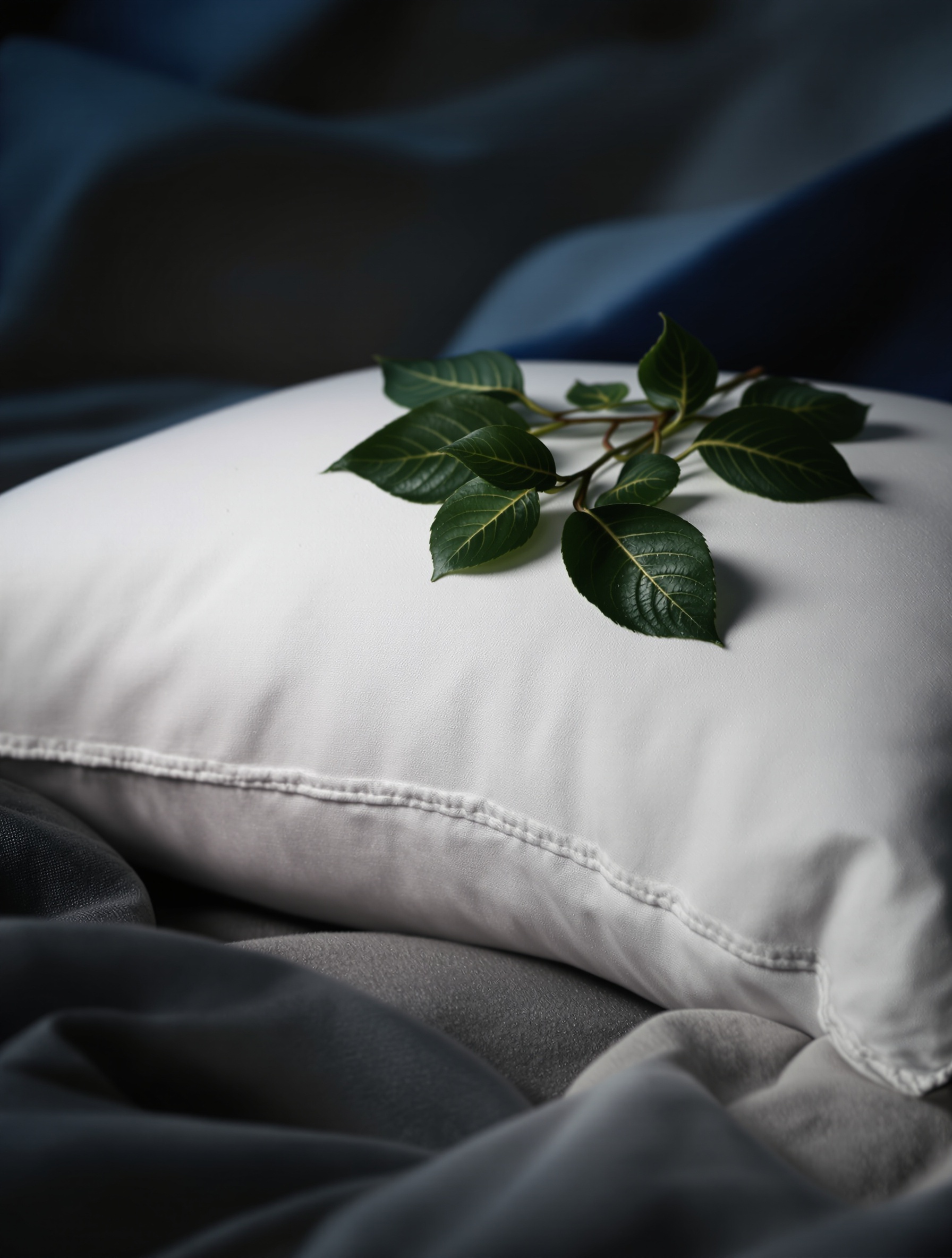 Oreiller blanc avec feuilles de laurier posées, ambiance paisible