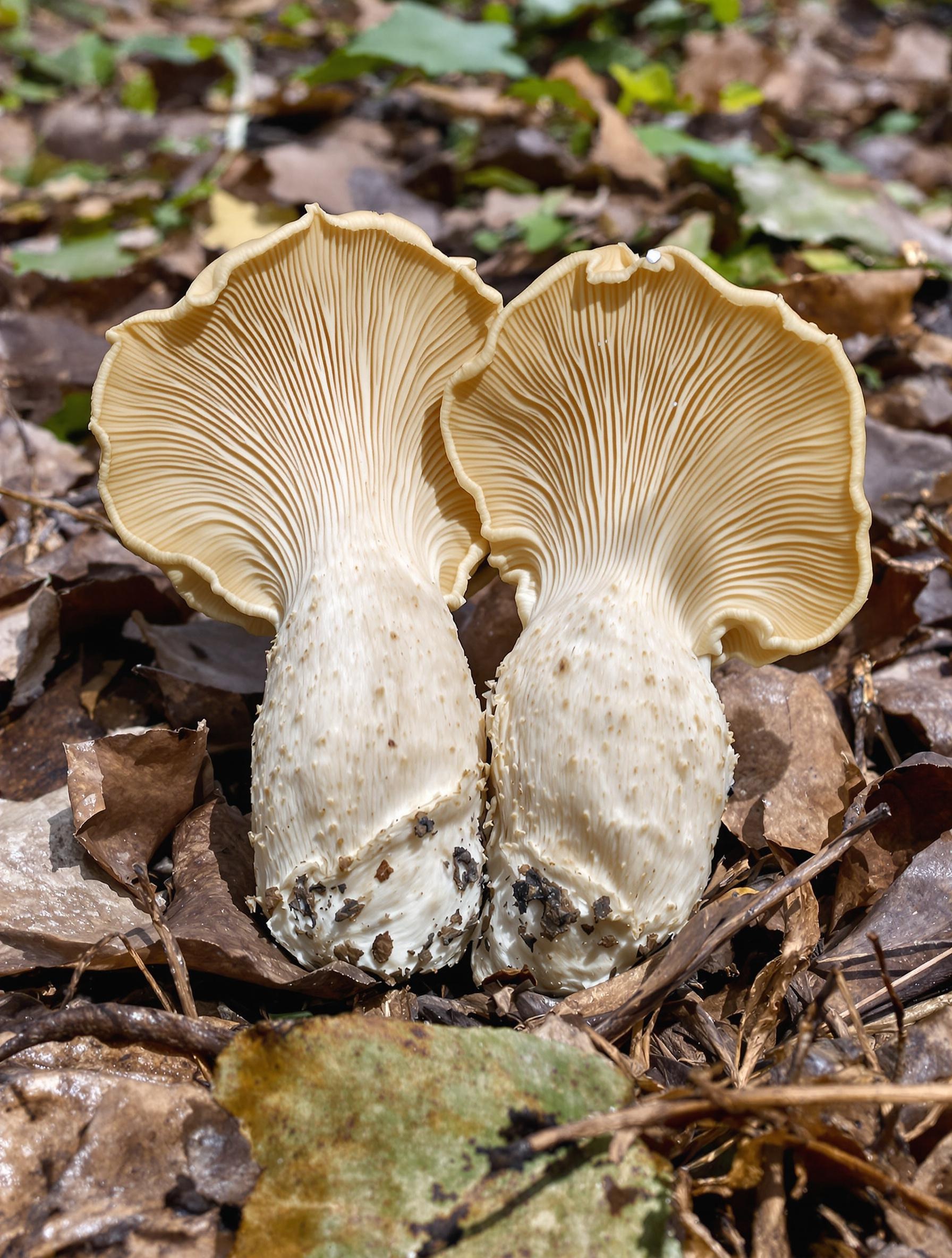 Deux oreilles de cochon (Disciotis venosa) côte à côte sur litière de feuilles ; veines internes bien visibles, marge irrégulière, lumière diffuse de sous-bois printanier