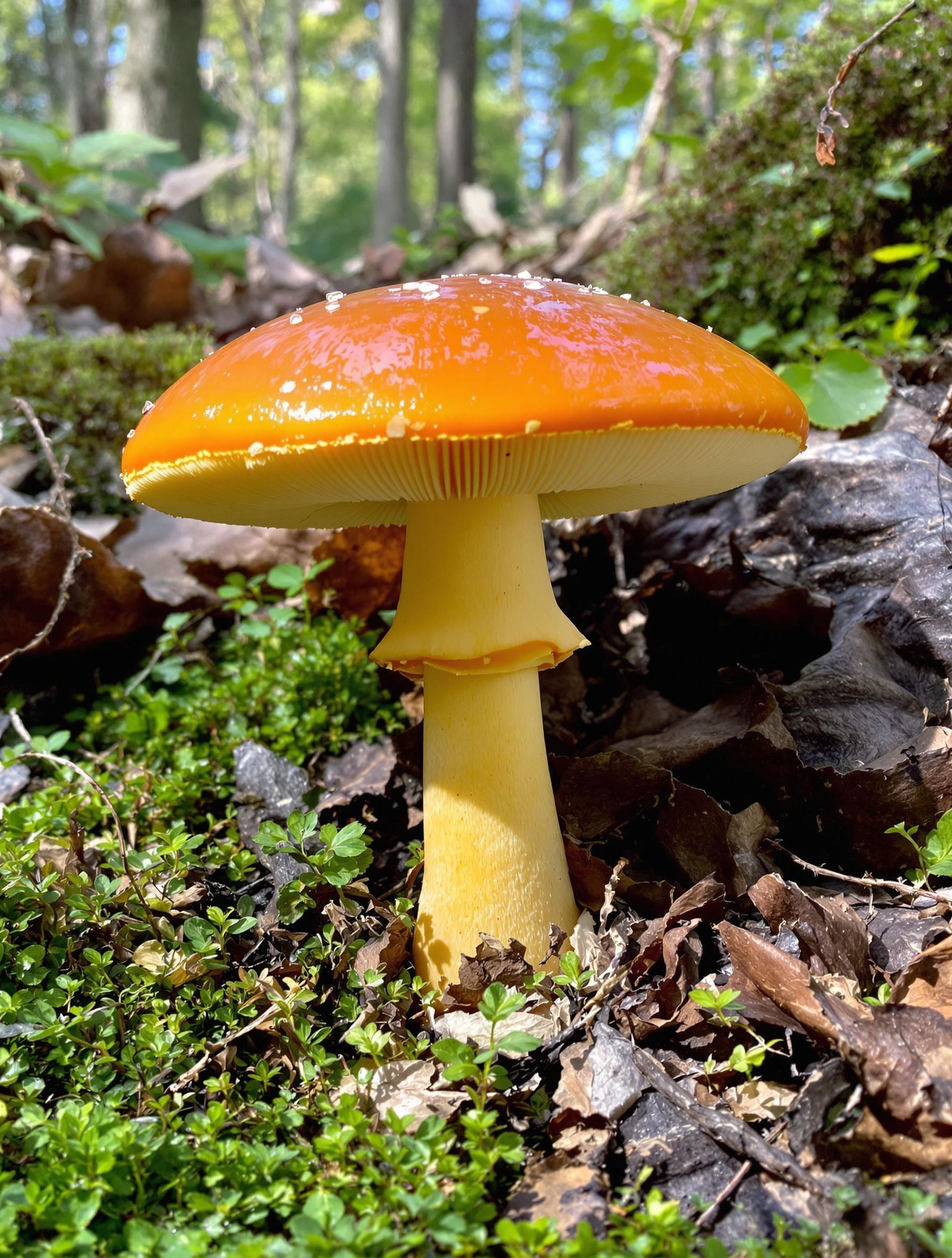 Oronge Amanita caesarea, champignon avec chapeau orange, pied jaune et volve blanche dans une forêt