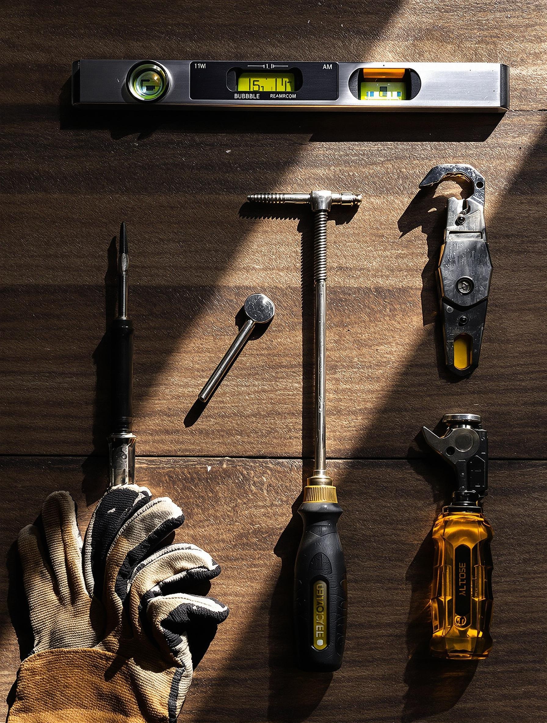 Assortiment d’outils : tournevis, clé Allen, niveau, gants sur établi