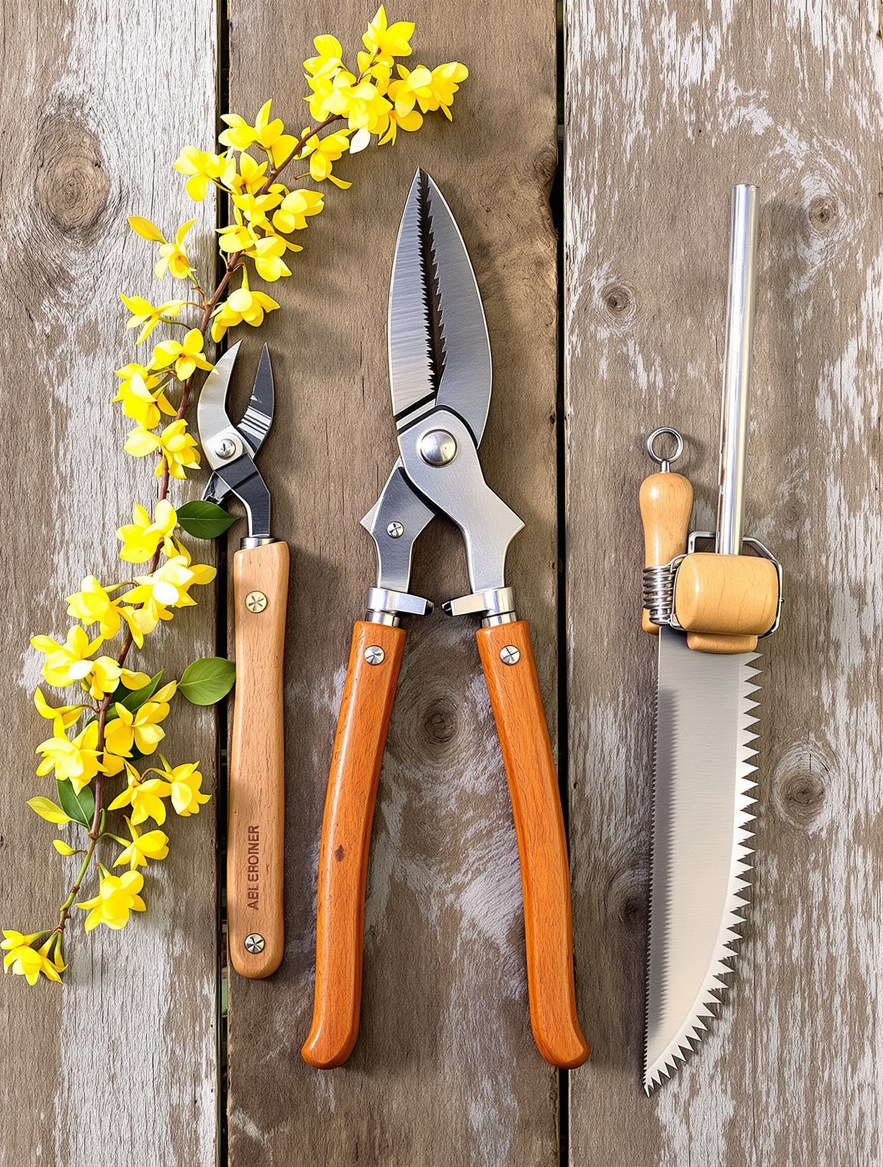Outils essentiels pour tailler un Forsythia : Sécateur, coupe-branche, scie d'élagage