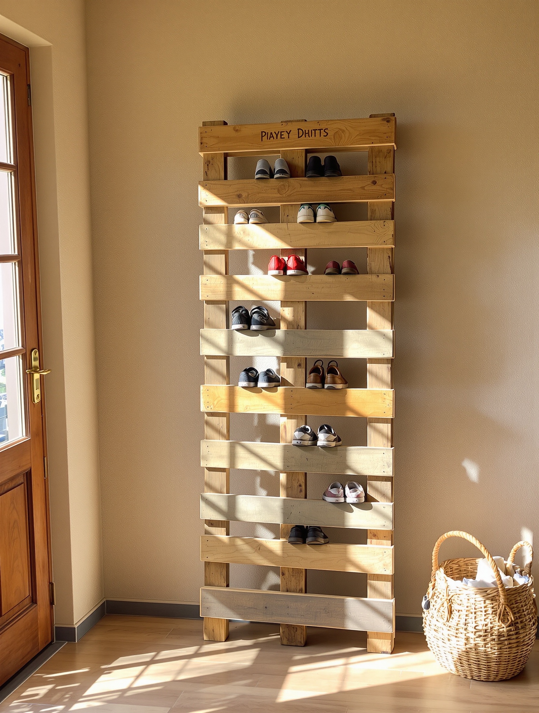 Palette en bois brut posée verticalement remplie de chaussures, ambiance bricolage récup