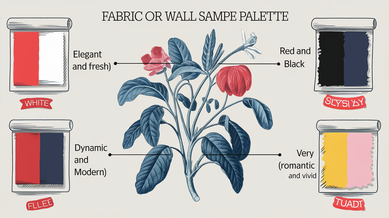 Palette satirique d'associations rouges avec blanc, noir, bleu, jaune, rose