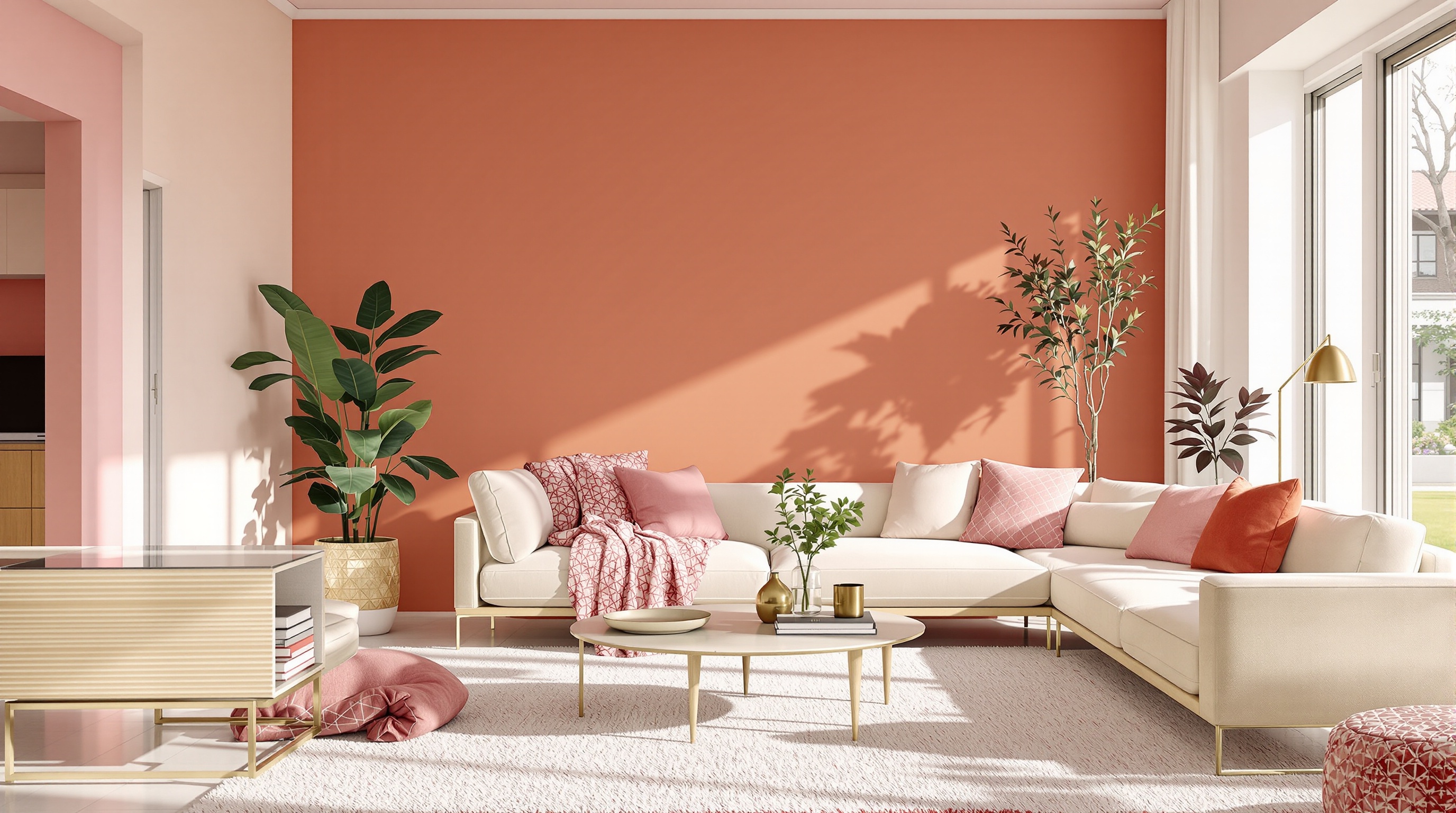 Palette de nuances de rose en décoration intérieure, du poudré au terracotta, illustrée dans un salon moderne et lumineux