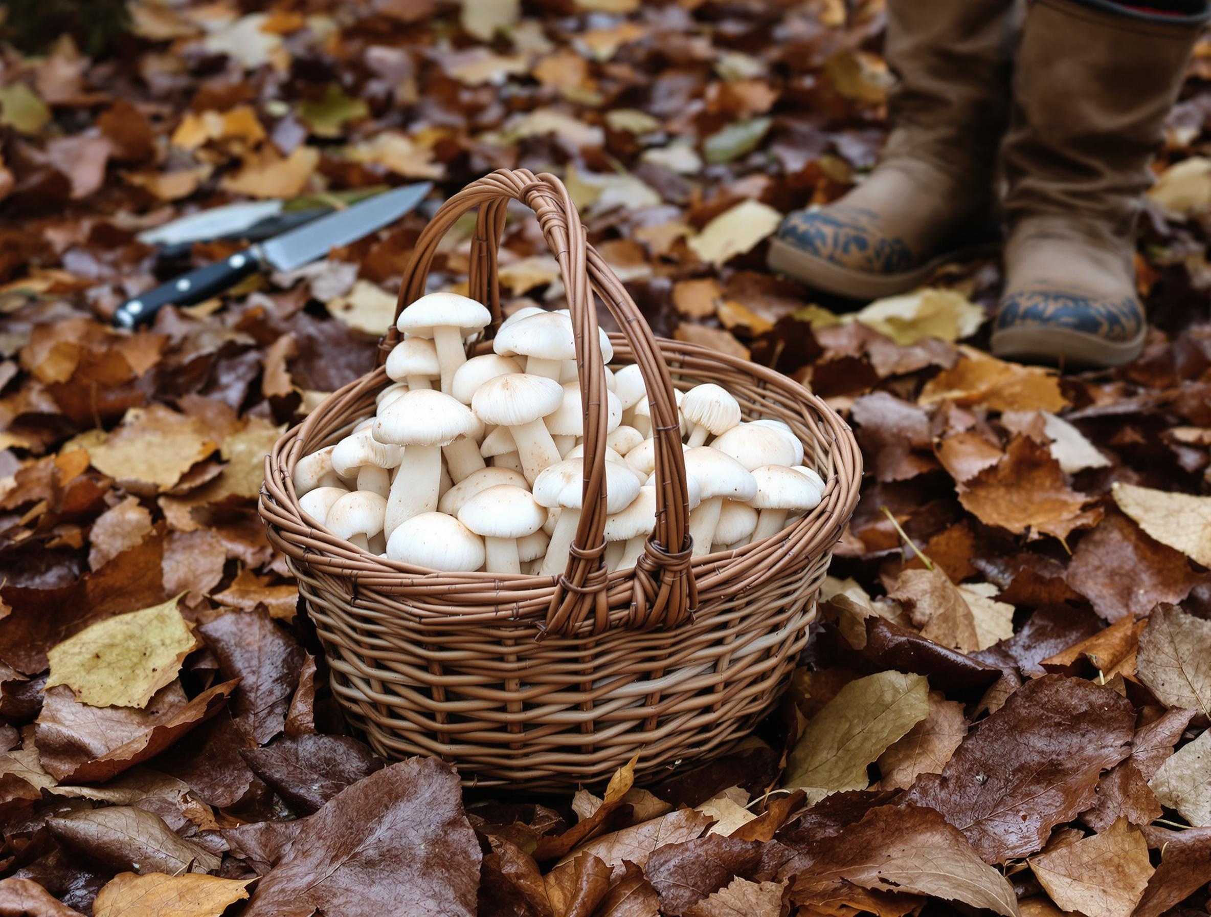 Panier aéré contenant des Clavulina cristata, forêt humide, couteau et bottes