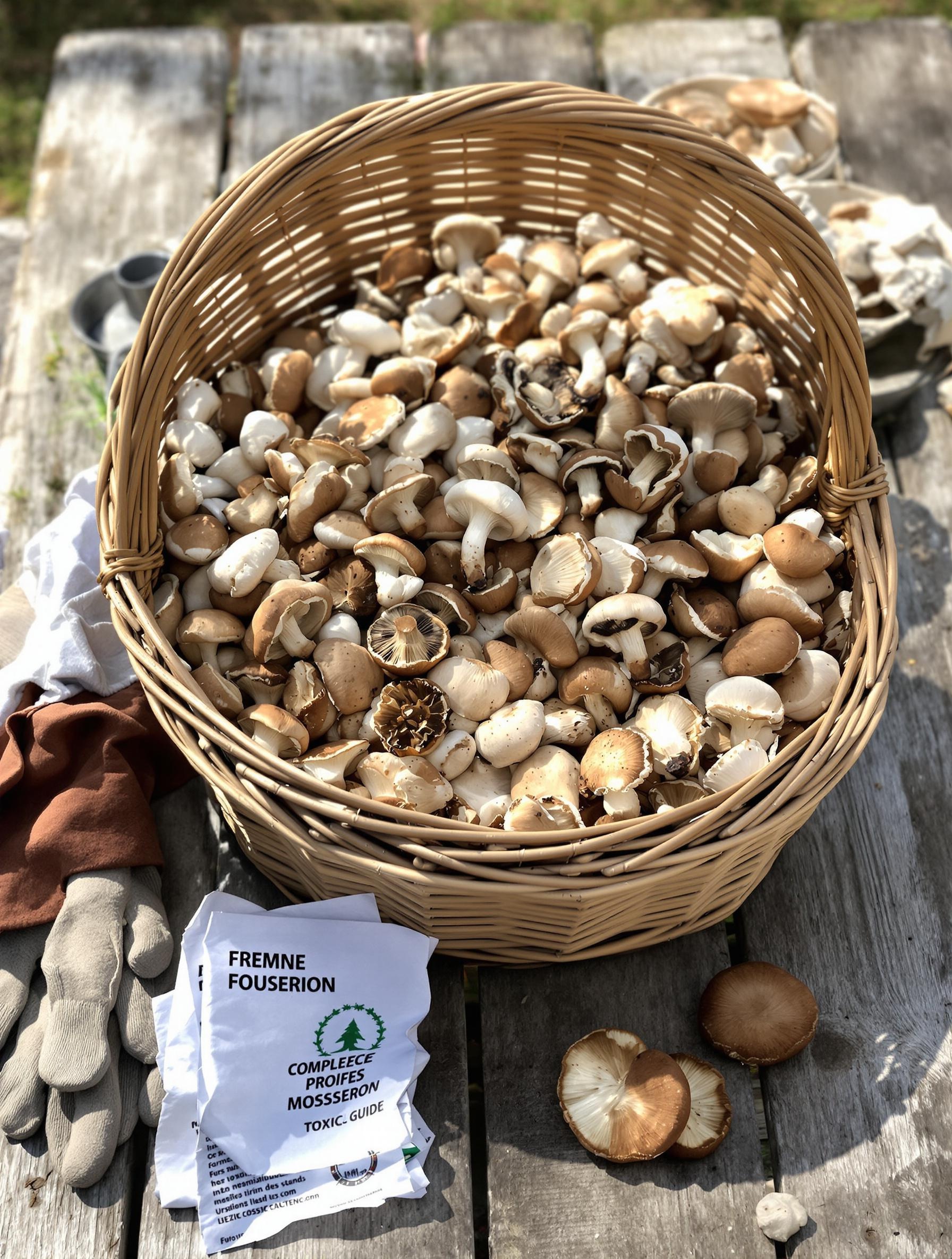 Panier de mousserons triés avec guide et champignons toxiques écartés