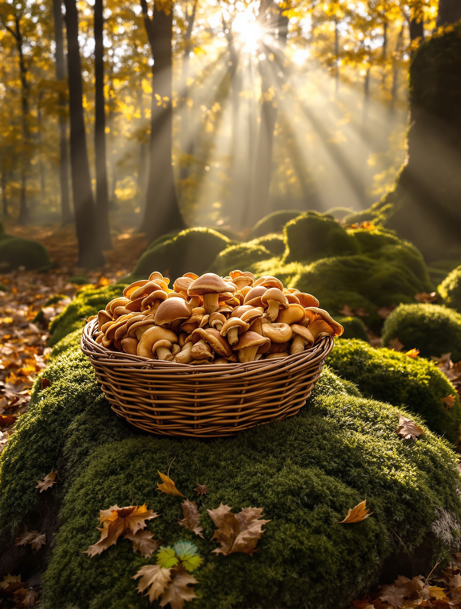 Panier de cèpes et girolles sur lit de mousse en forêt brumeuse au lever du soleil