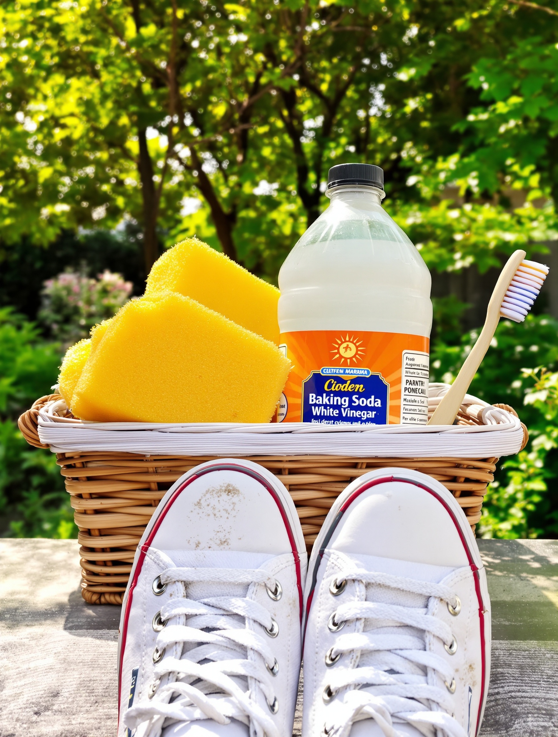 Panier produits entretien maison devant baskets blanches tachées dans jardin
