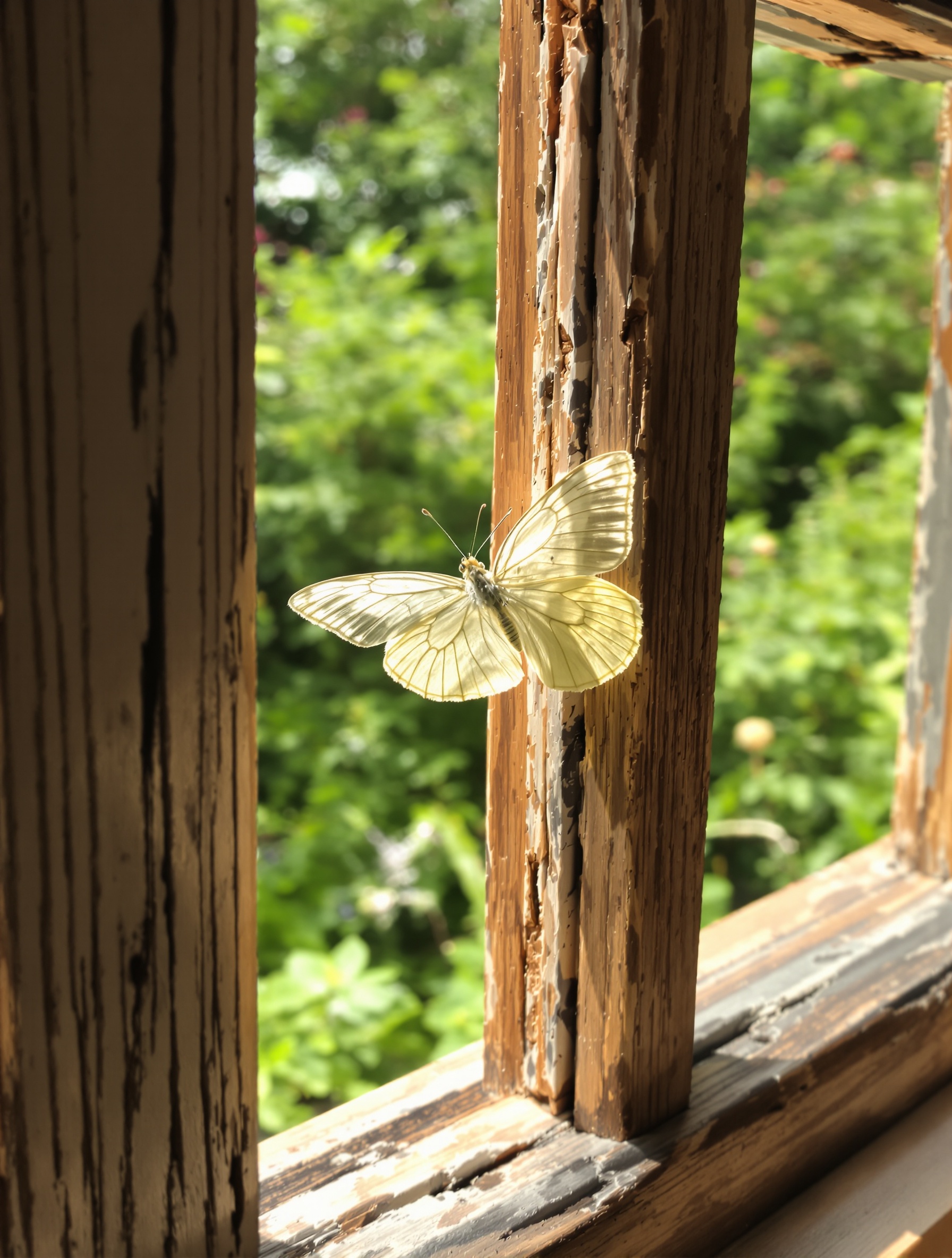 Papillon blanc posé sur le rebord d'une fenêtre ancienne, jardin verdoyant en arrière-plan