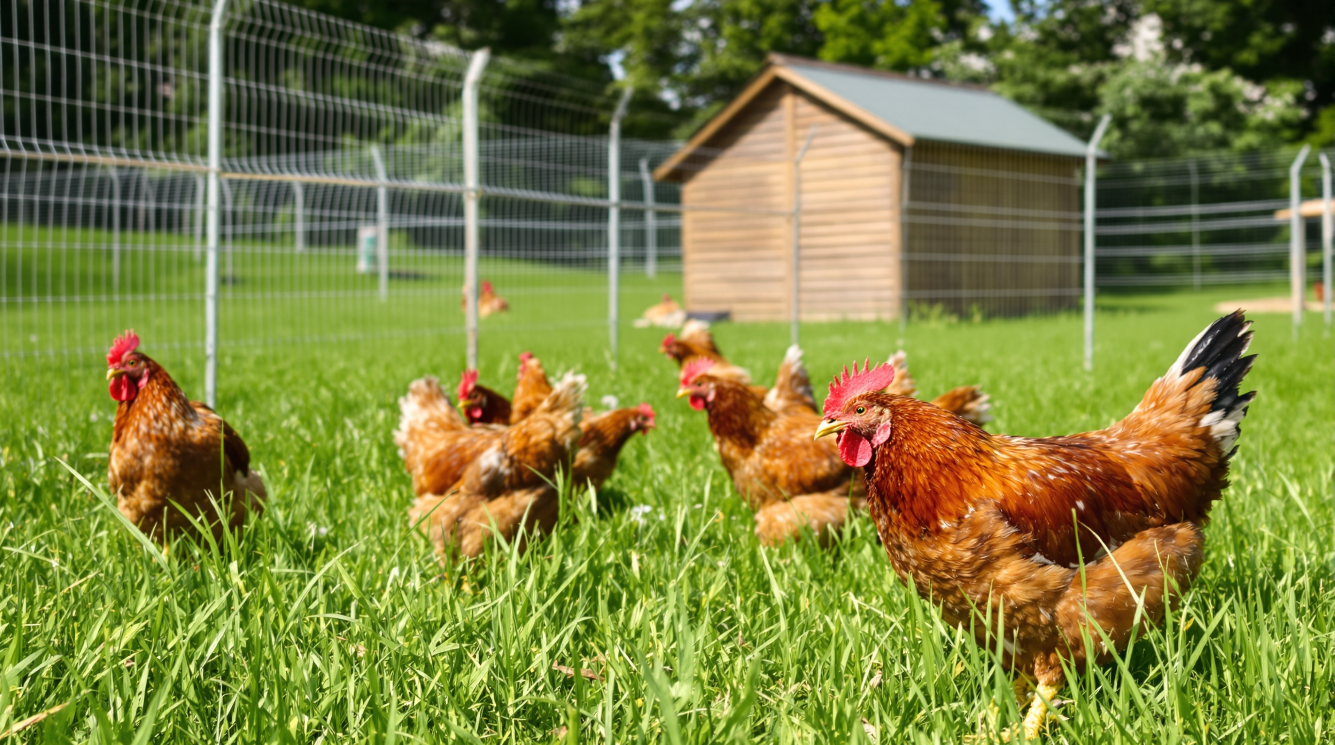 Parcours d'élevage idéal pour Poules Gauloises, vaste herbe sécurisée par grillage haut et poulailler bois.