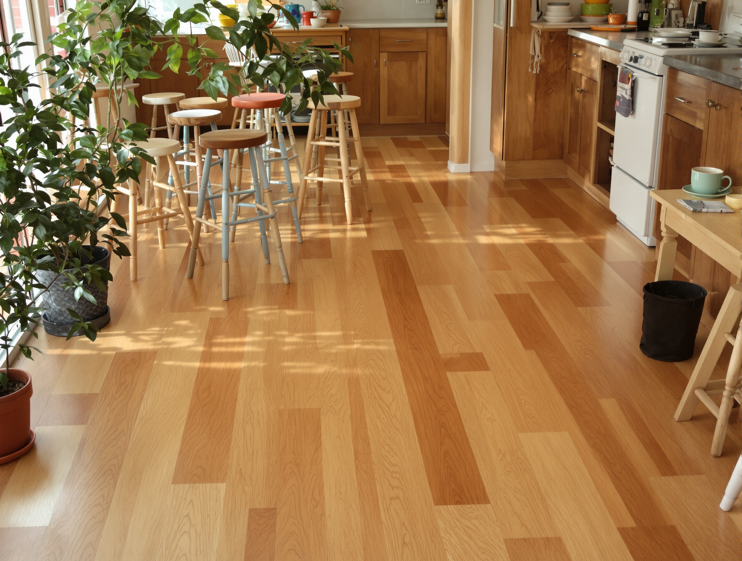 Parquet massif huilé lumineux dans une cuisine vivante