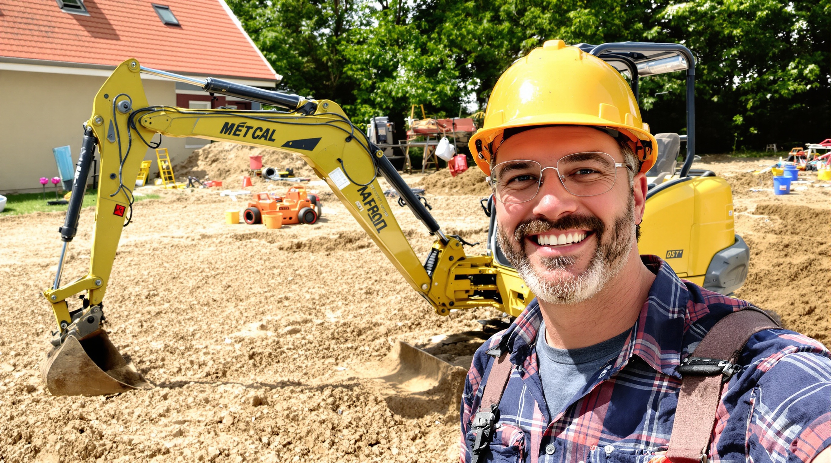Particulier hilare devant une mini-pelle après chantier réussi