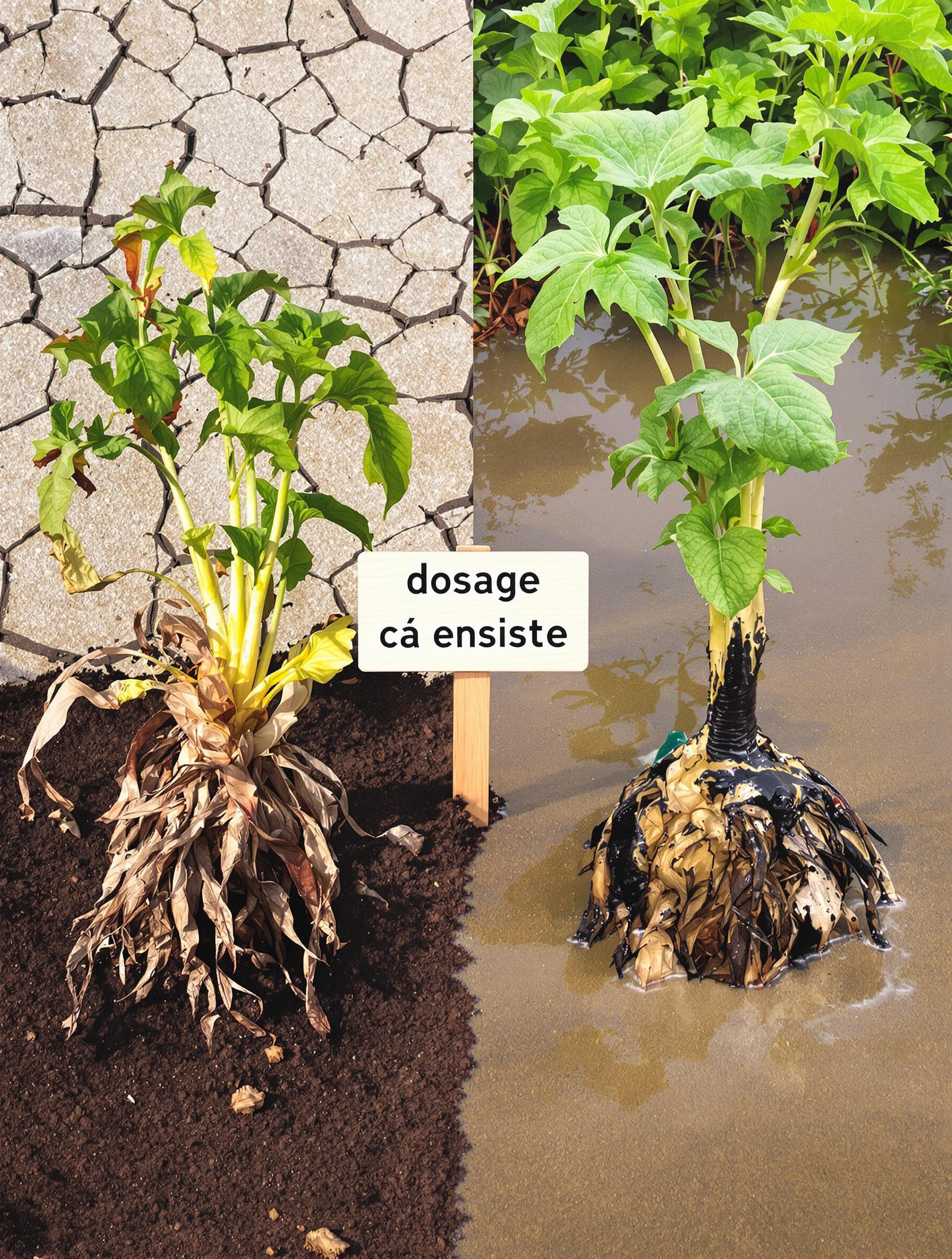 Plant desséché et plant noyé avec un arrosoir renversé
