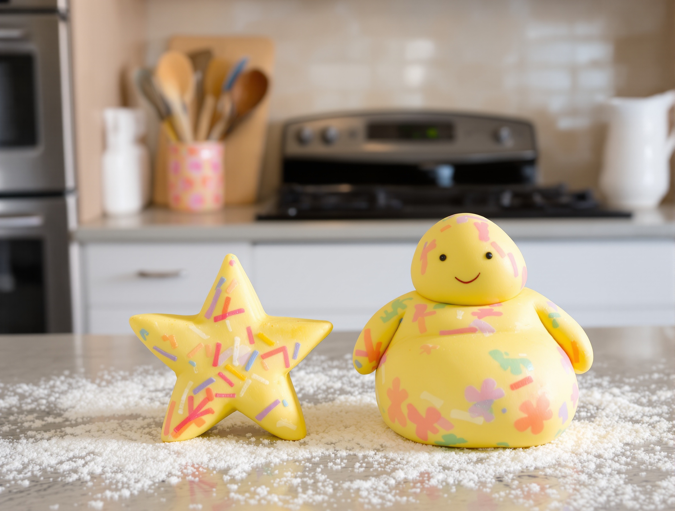 Deux objets pâte à sel : fin vs épais devant un four