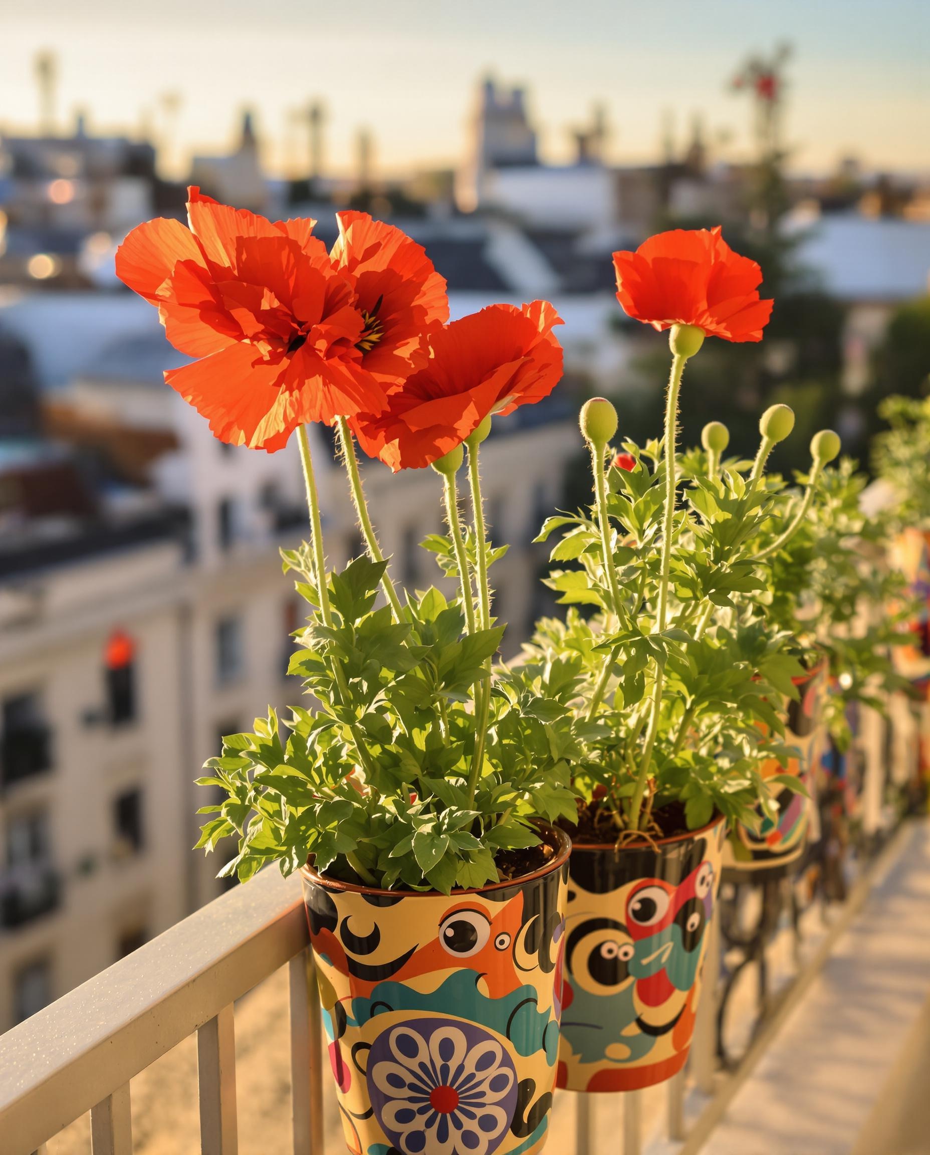 Pavot en pot sur balcon urbain