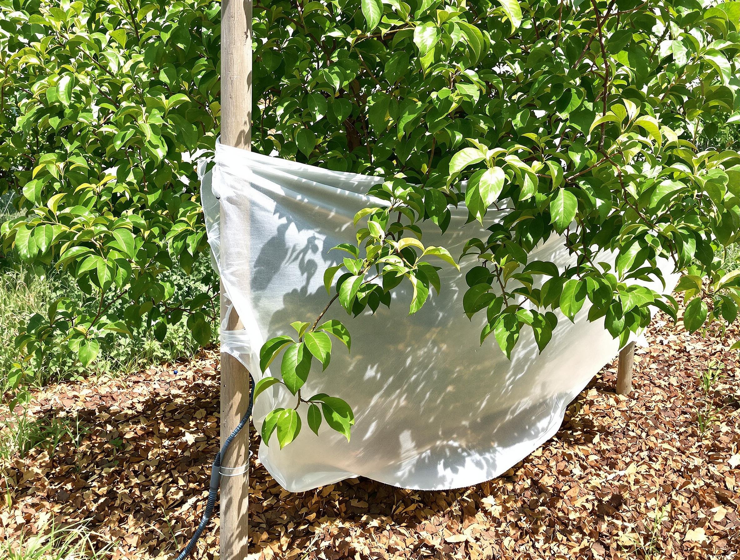 Pêcher vigoureux sous paillage épais, équipé d’un tuteur bois côté sud, goutte-à-goutte et voile d’hivernage, jardin rebelle