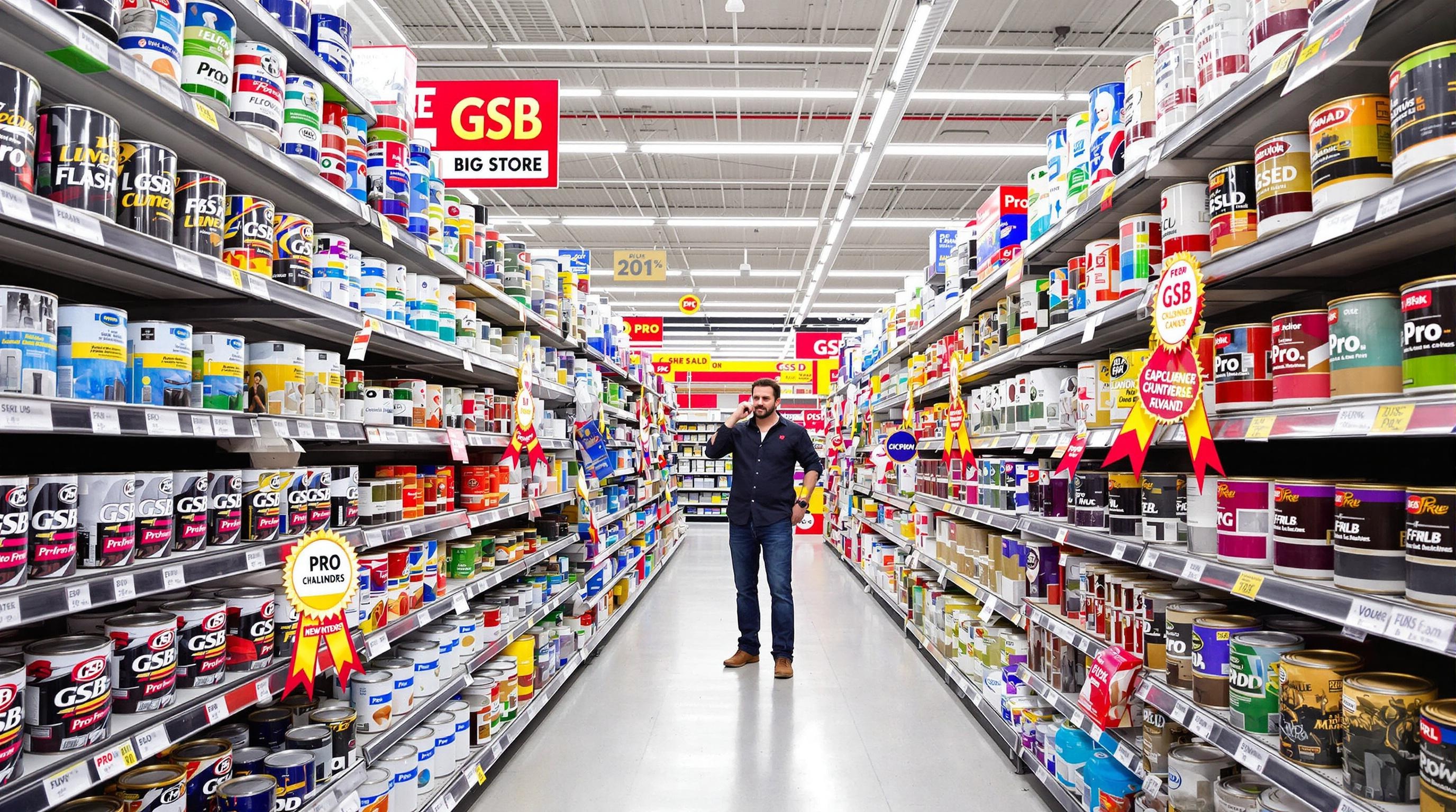 Comparaison entre peinture GSB et pro dans un rayon de magasin de bricolage