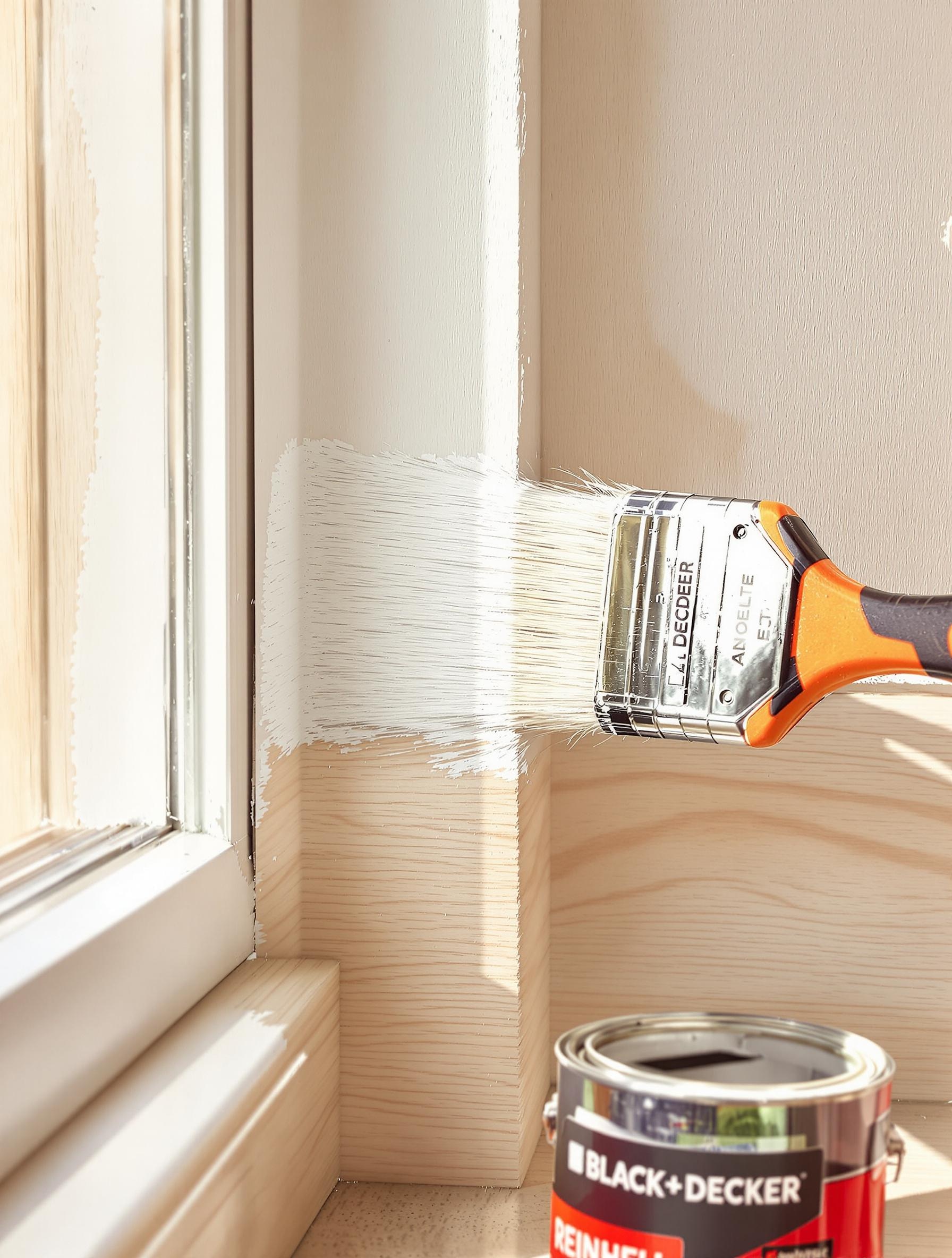 Peinture d’une plinthe en bois sur un angle sortant avec un pinceau adapté.