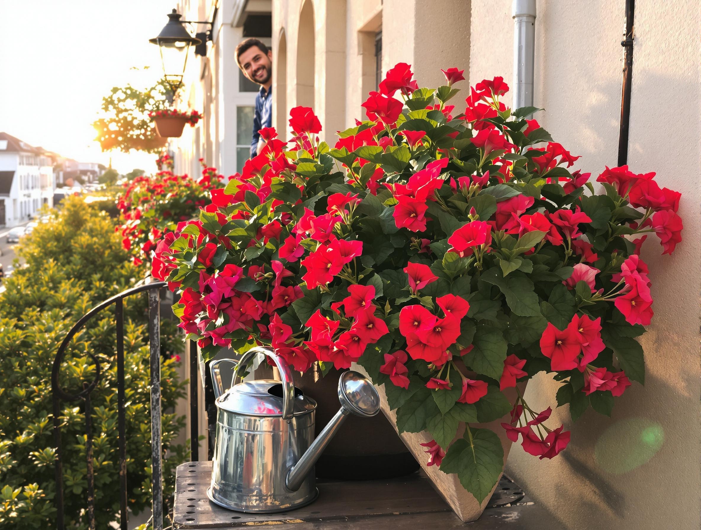 Pelargonium zonale exubérant sur balcon, arrosoir clin d’œil jardinier