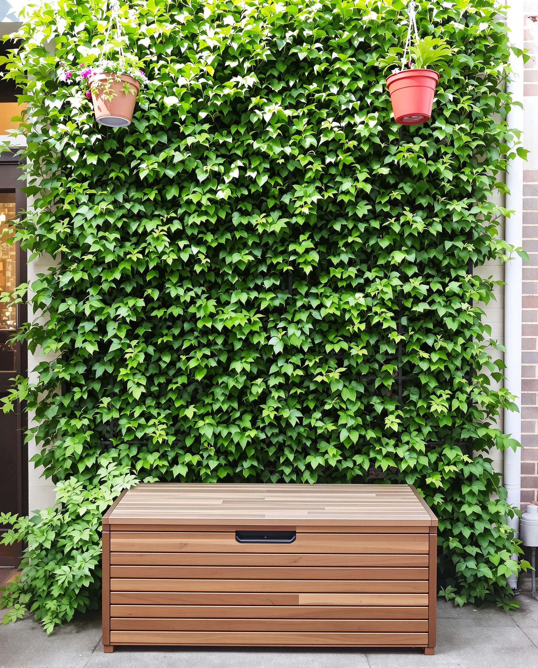 Petit jardin urbain très optimisé avec treillage, banc-coffre et pots suspendus.