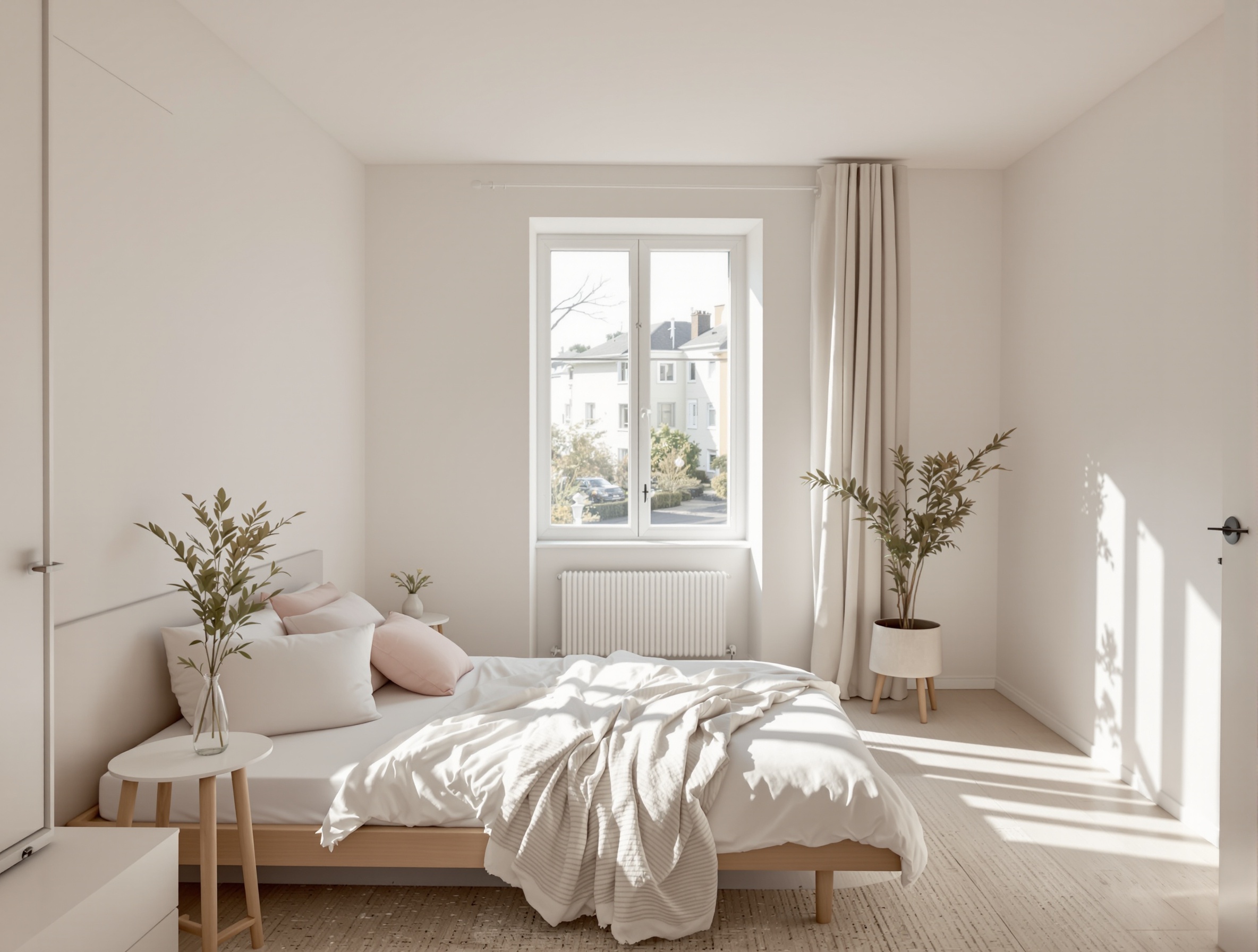 Exemple de petite chambre d'adulte peinte avec des couleurs claires et lumineuses pour maximiser l'espace et la clarté.