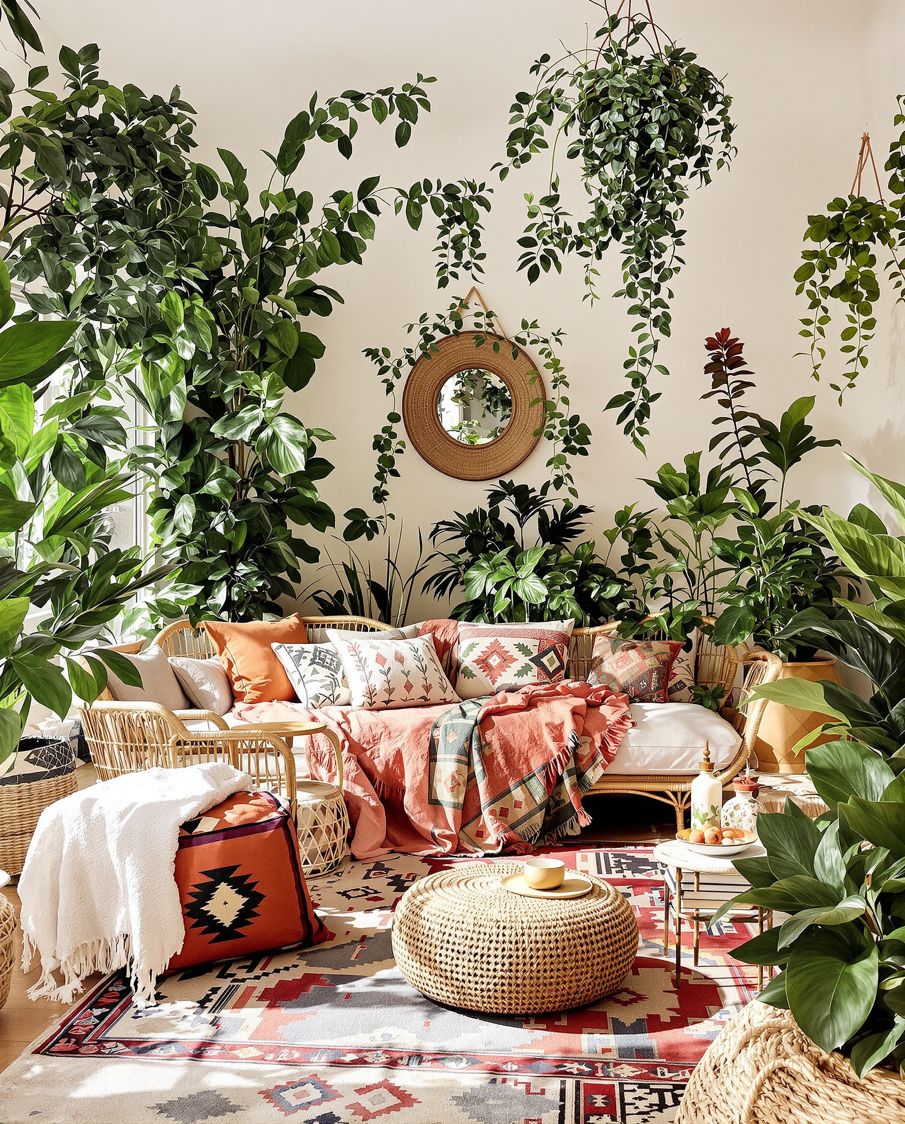 Décoration bohème chic avec accessoires rose terracotta et plantes