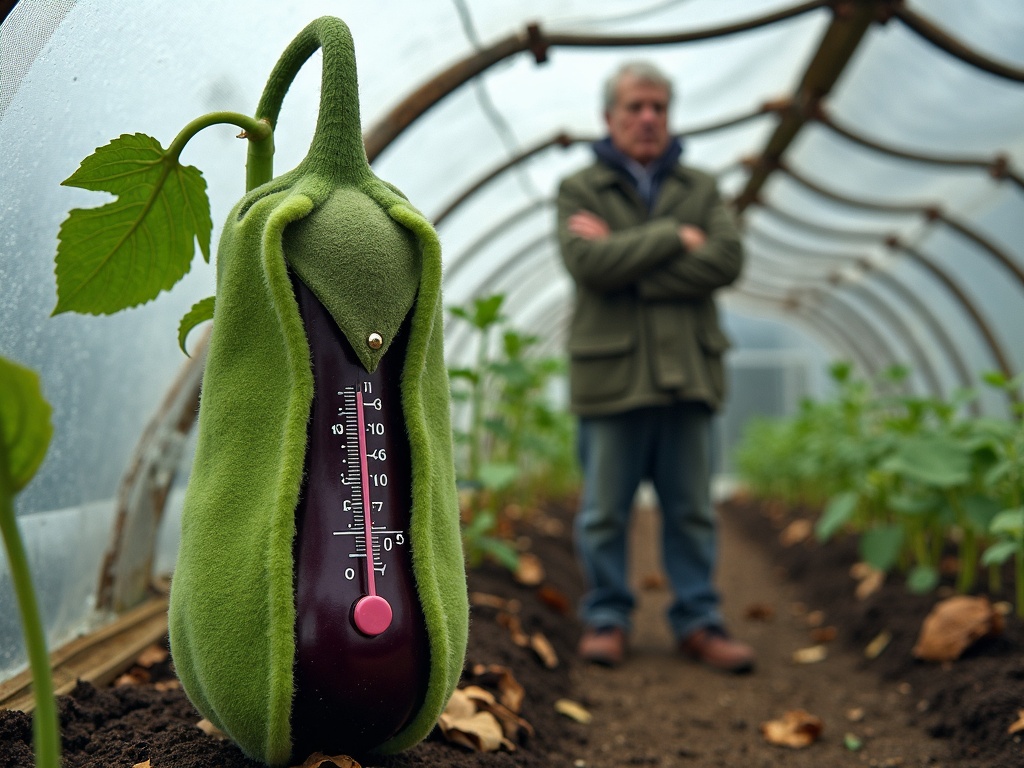 Pied d'aubergine dans une serre artisanale avec un jardinier sceptique