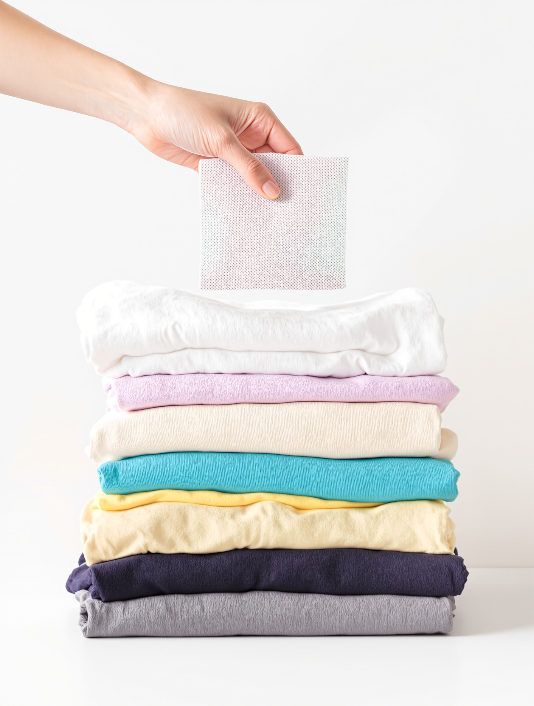 Pile de linge triée (blancs, pastels/couleurs vives, foncés) avec main tenant une lingette anti-décoloration — symbole du bricoleur prudent.