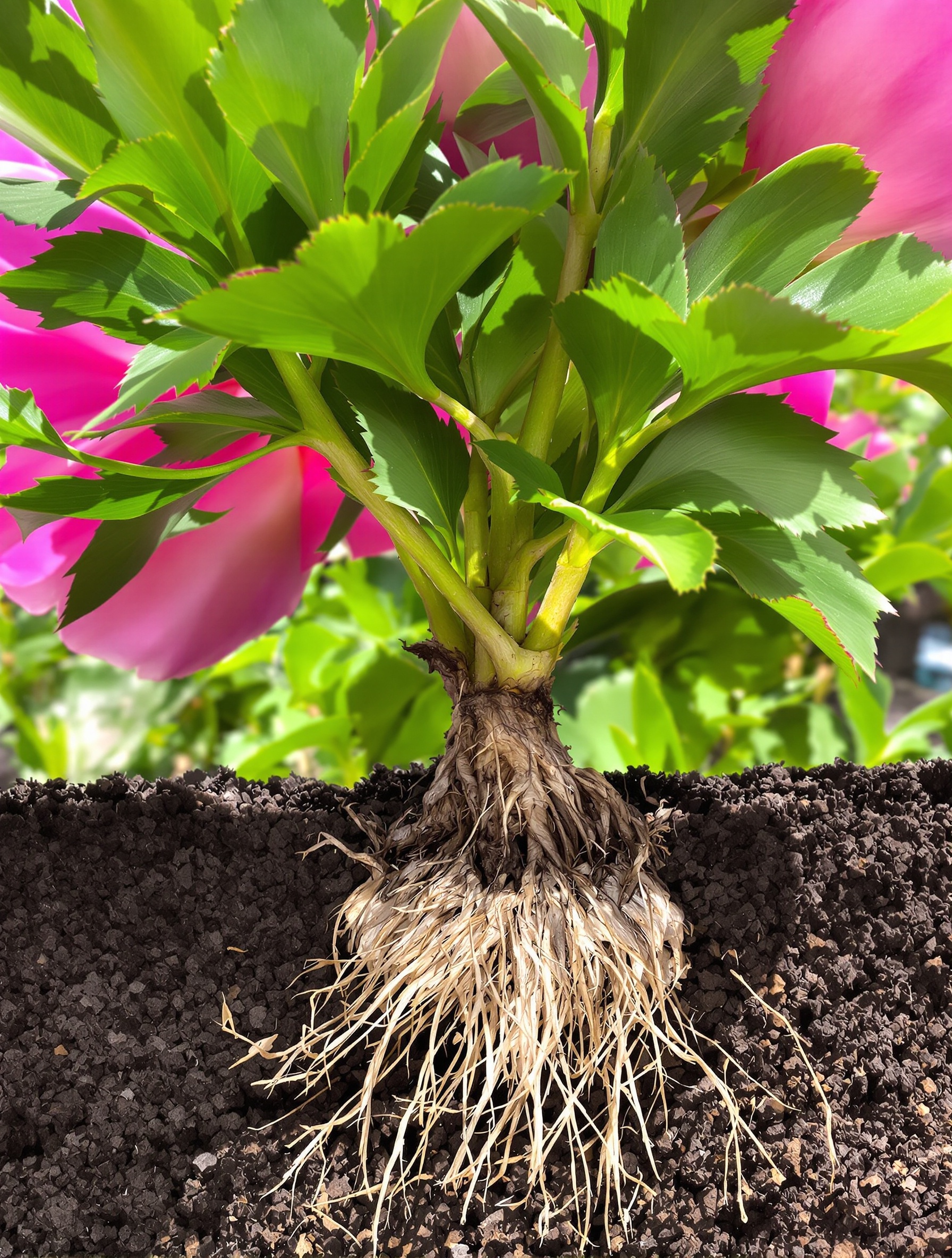 Une belle pivoine herbacée en pleine floraison, avec un focus sur la base de la plante d'où seront prélevées les boutures de racines.