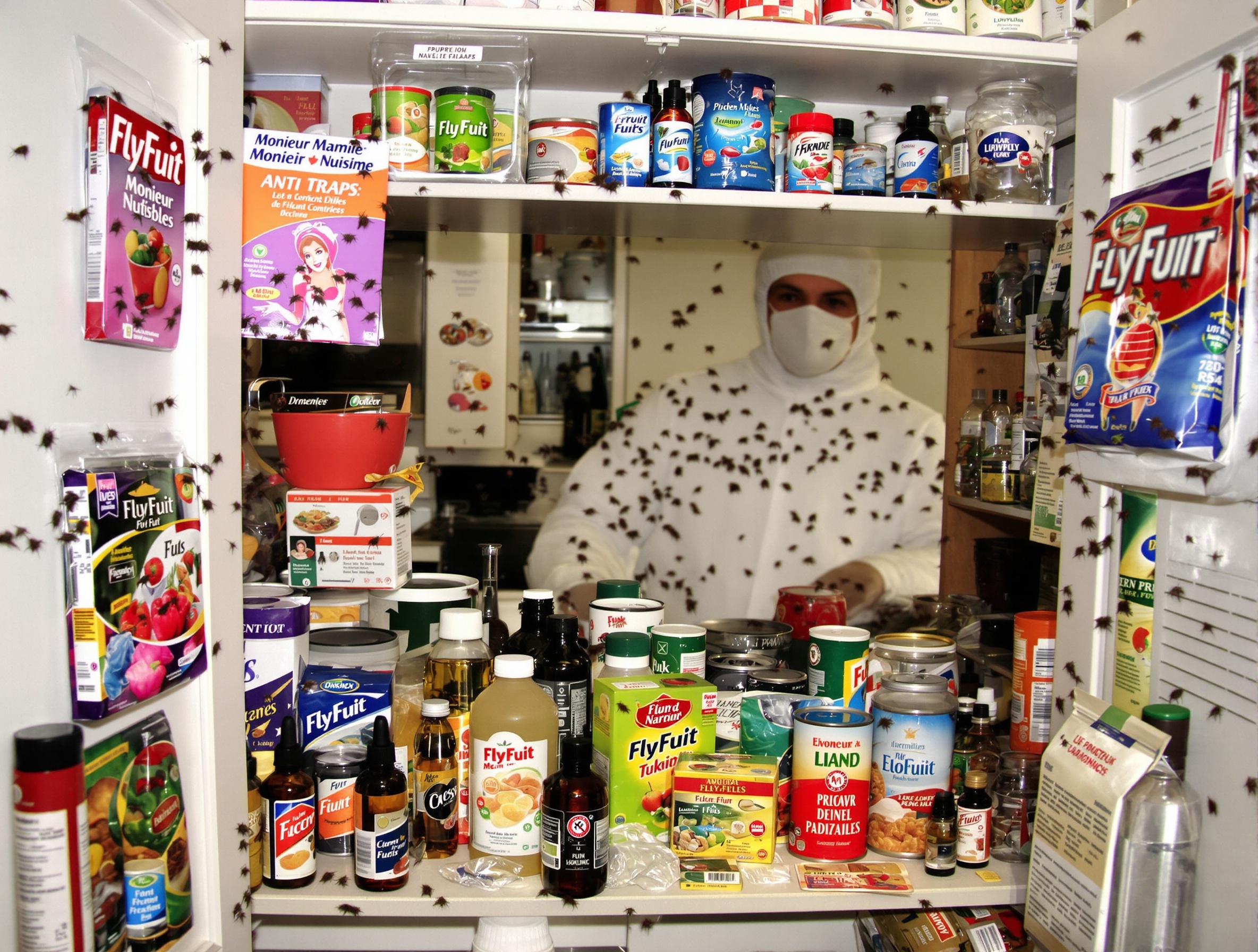 Placard de cuisine avec pièges à moucherons, huiles essentielles et produits professionnels, ambiance humoristique.