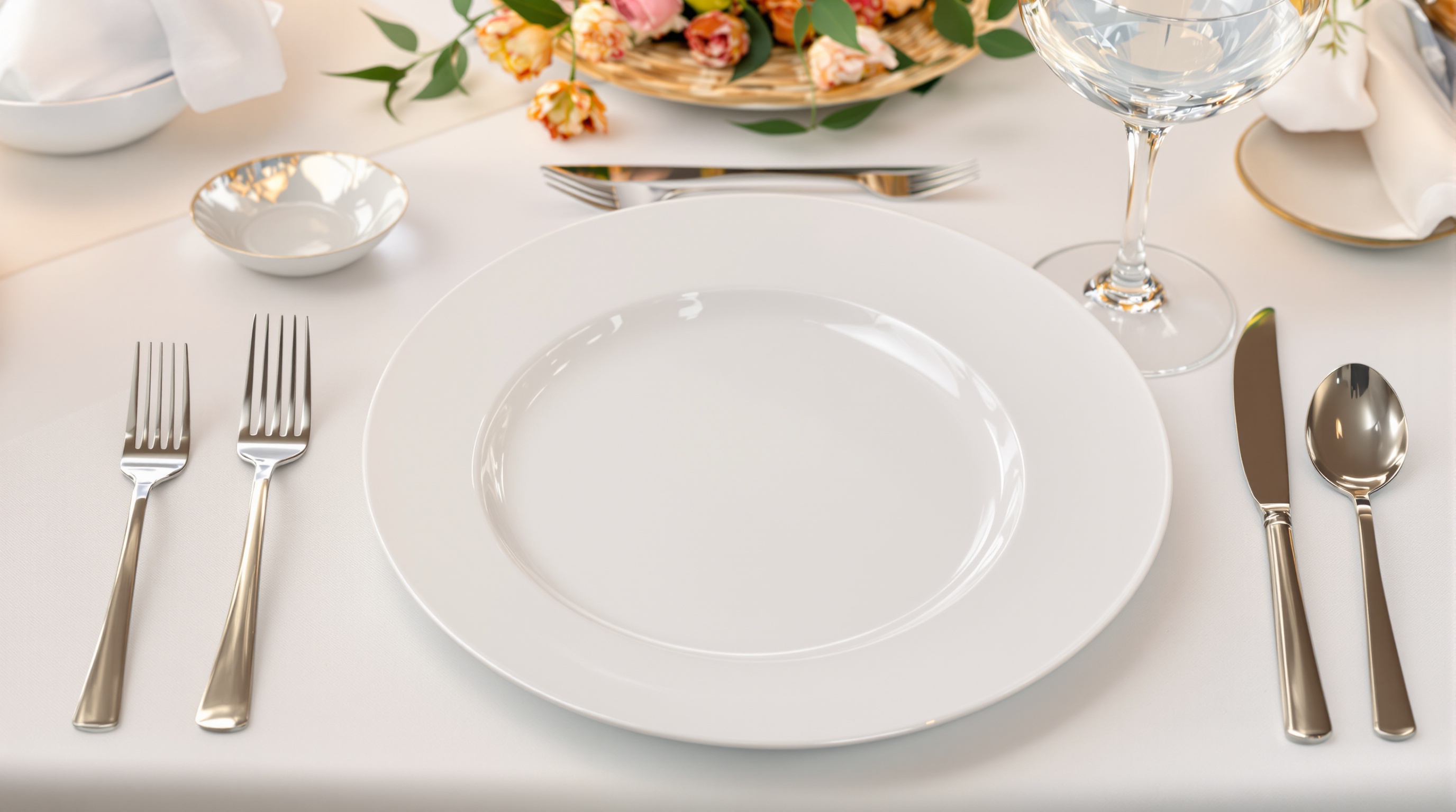 Illustration du placement correct du verre à eau à gauche de l'assiette, devant les verres à vin.