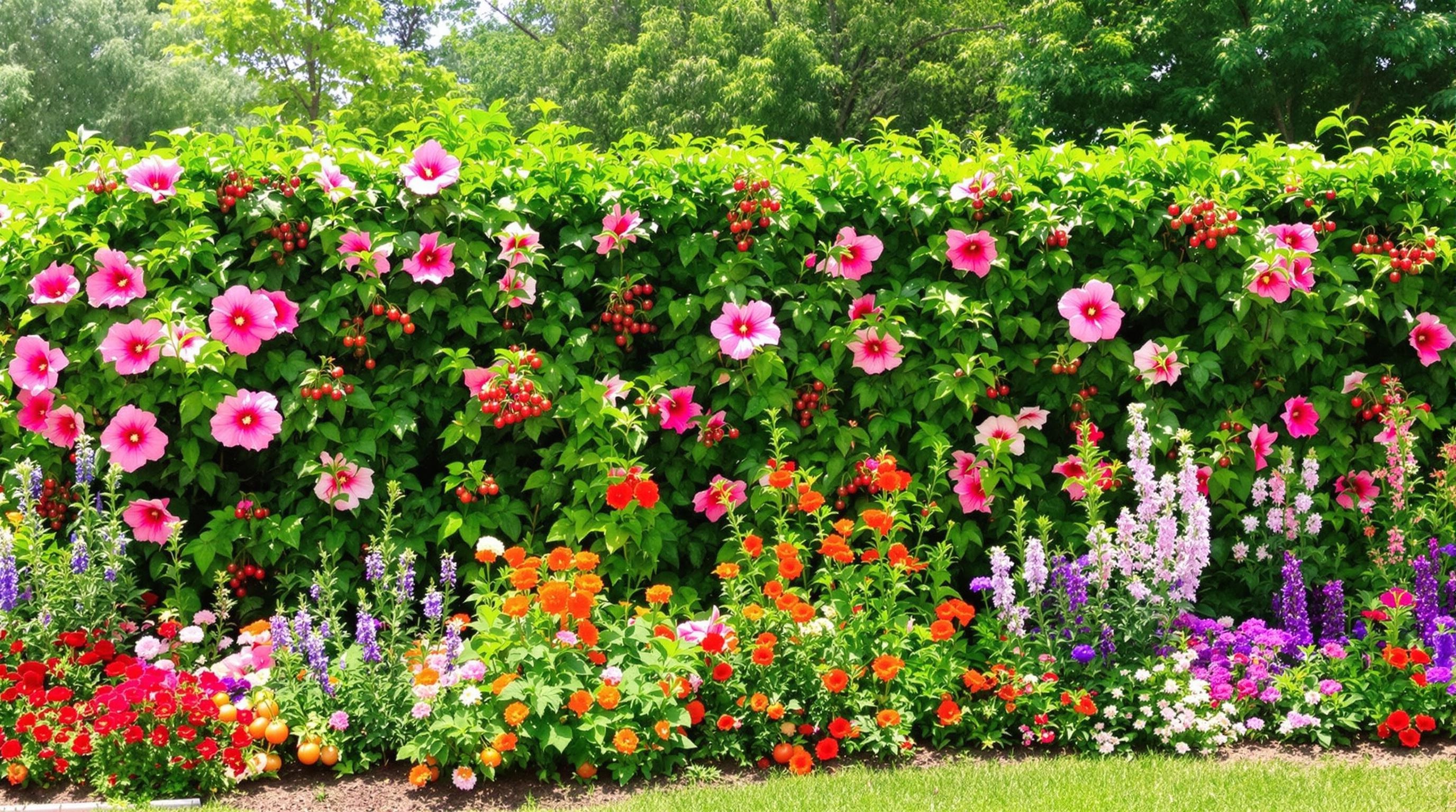 Plan d'un jardin mêlant Hibiscus syriacus, Hibiscus sabdariffa (bissap), tomates et vivaces fleuries dans une haie décorative, ambiance estivale éclatante.