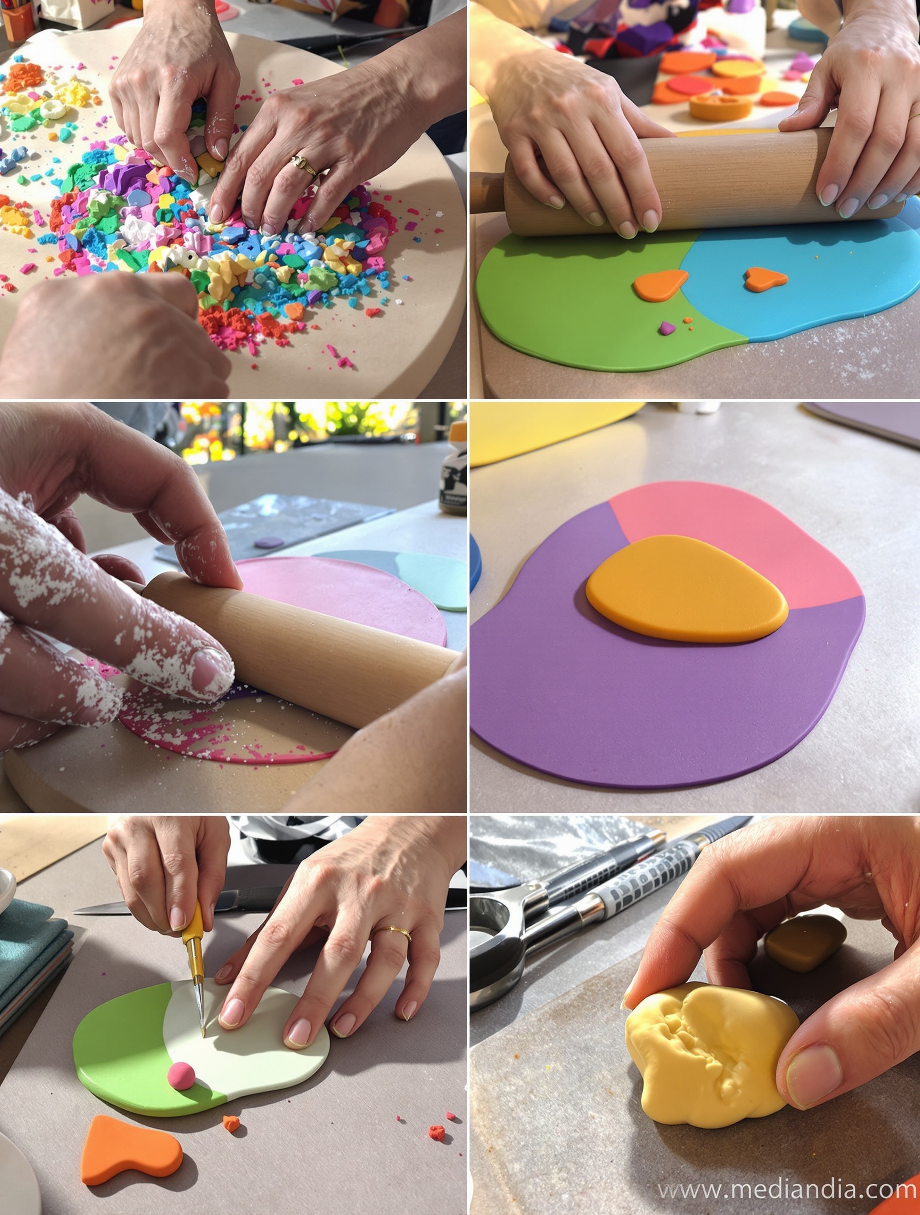 Étapes du travail de la pâte Fimo : malaxage, étalage, modelage et finitions ponçage-vernis.