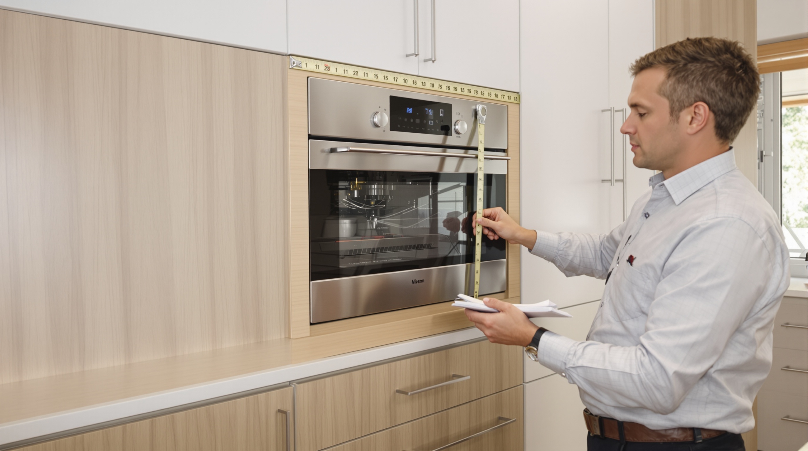 Professionnel mesurant précisément une niche pour électroménager intégré dans une cuisine moderne