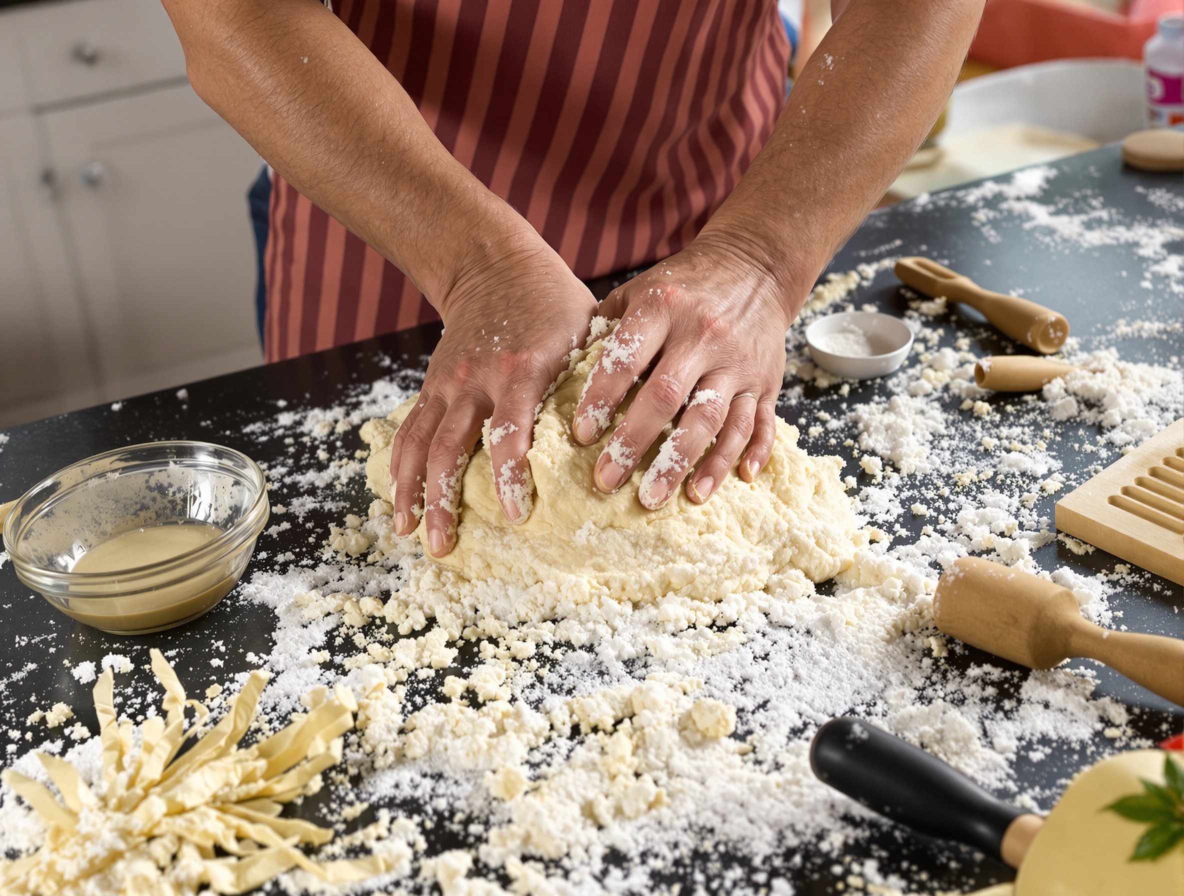 Pétrissage énergique d'une pâte à sel sur un plan décalé, bol d'eau presque vide
