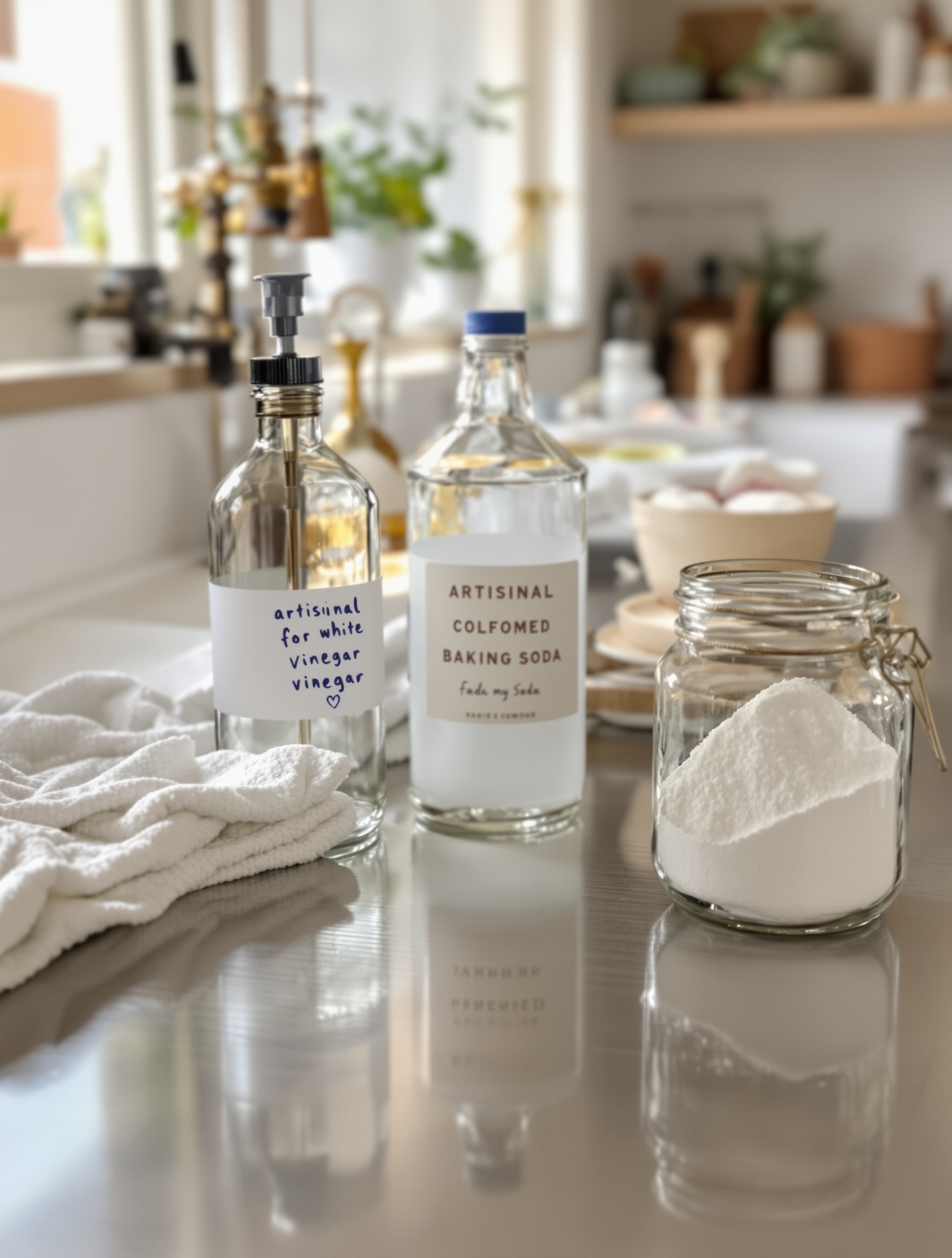 plan de travail inox impeccable, chiffons et vinaigre blanc