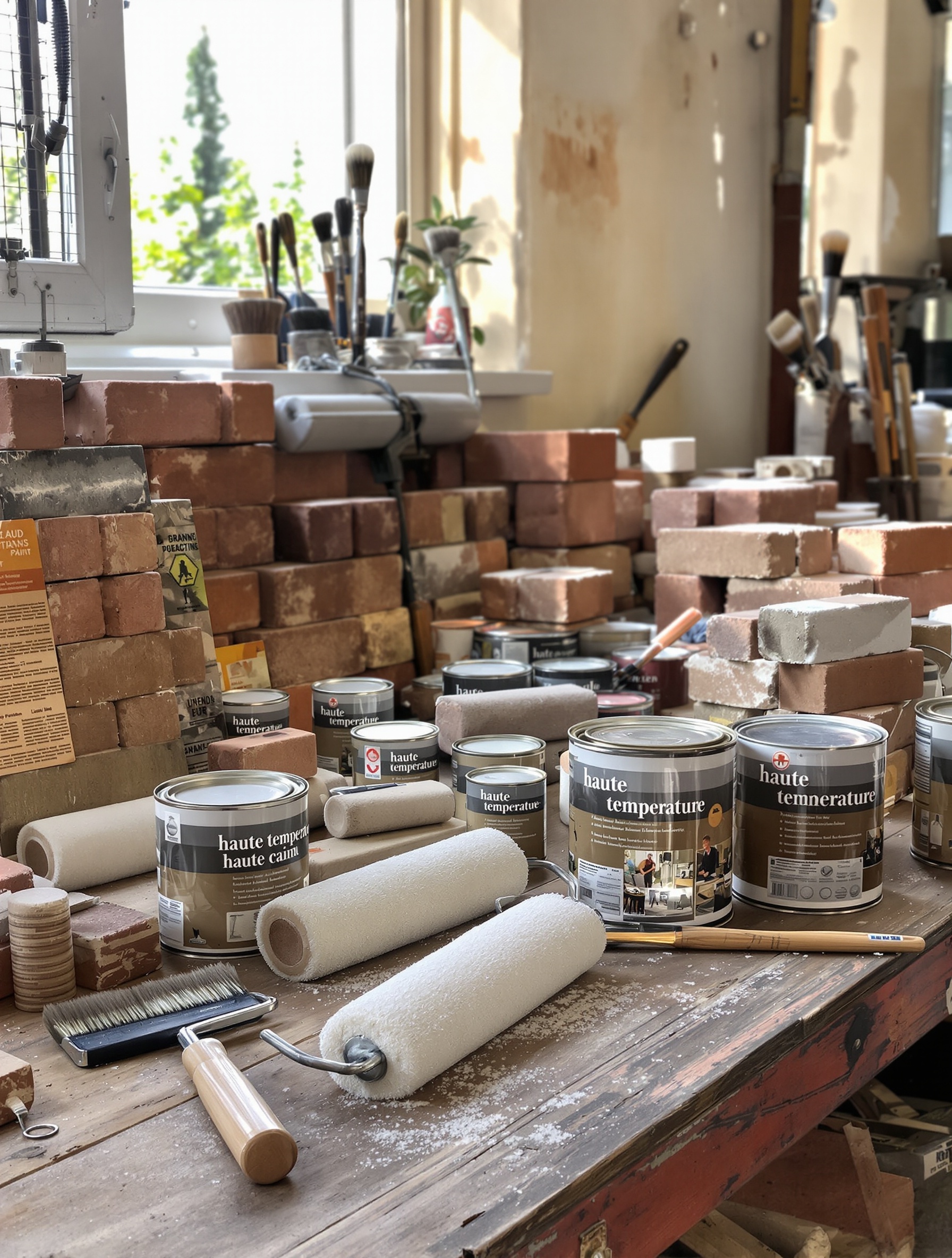 Plan de travail de bricoleur avec plusieurs pots de peintures haute température, rouleaux et échantillons de brique.