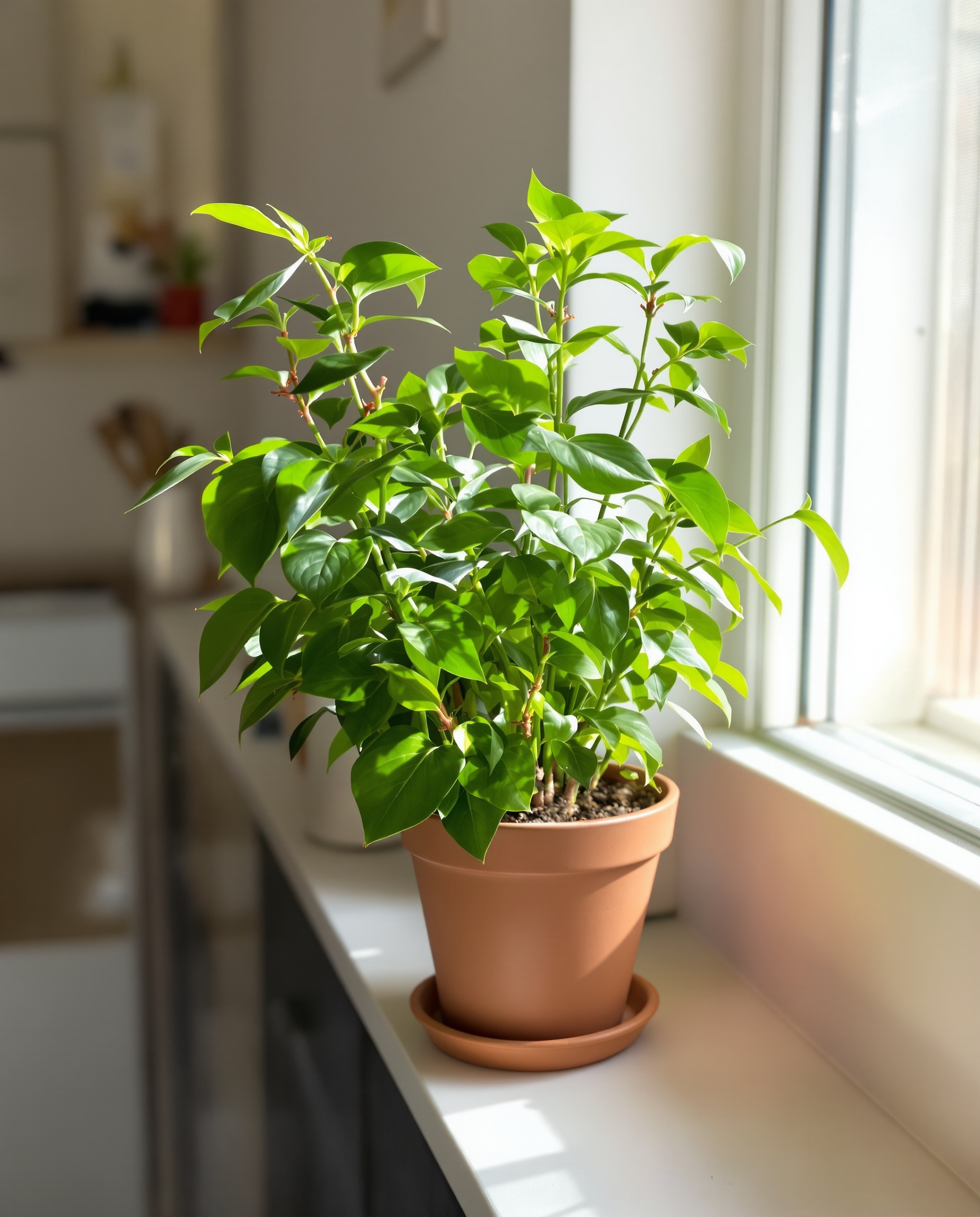 Plante d’intérieur saine sur rebord de cuisine lumineuse, terre sèche, aucun signe de moucheron