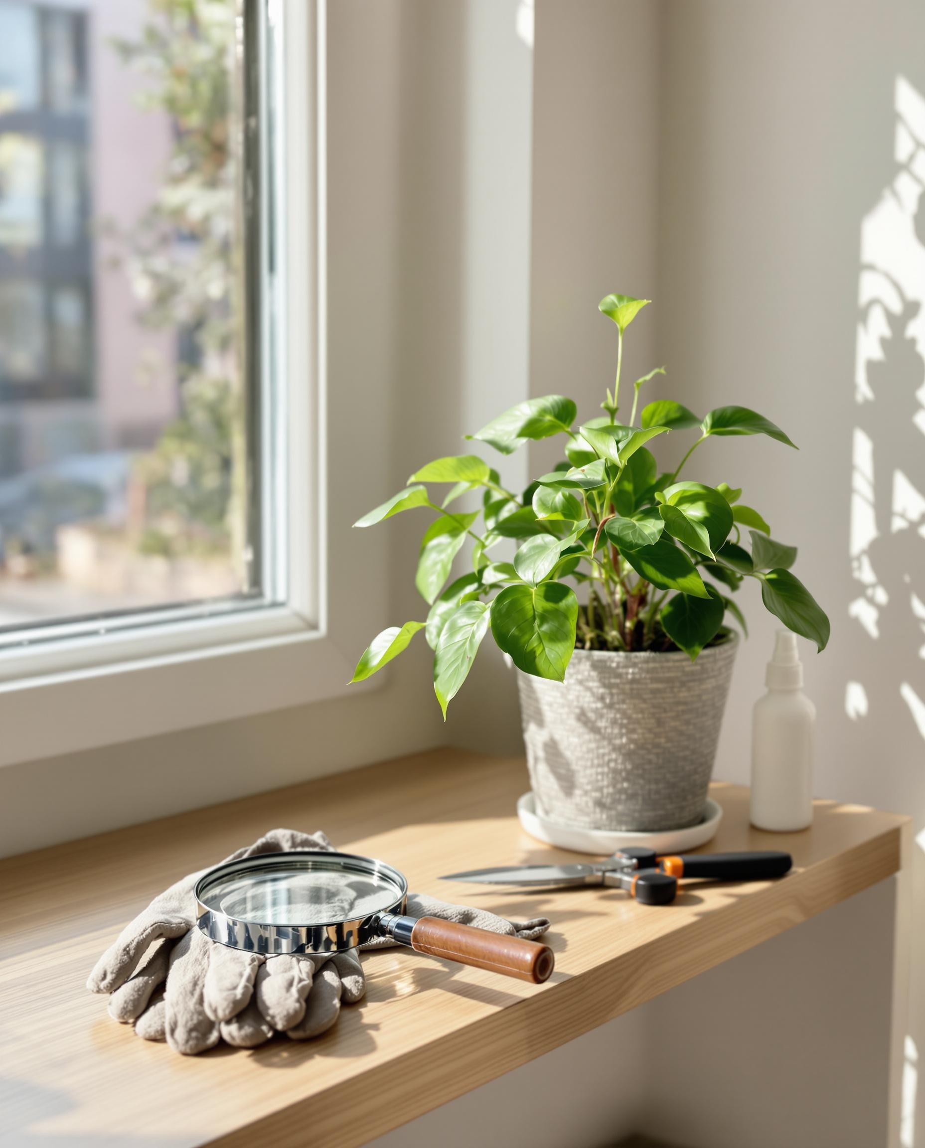 Plante en quarantaine avec loupe et outils pour surveiller les parasites
