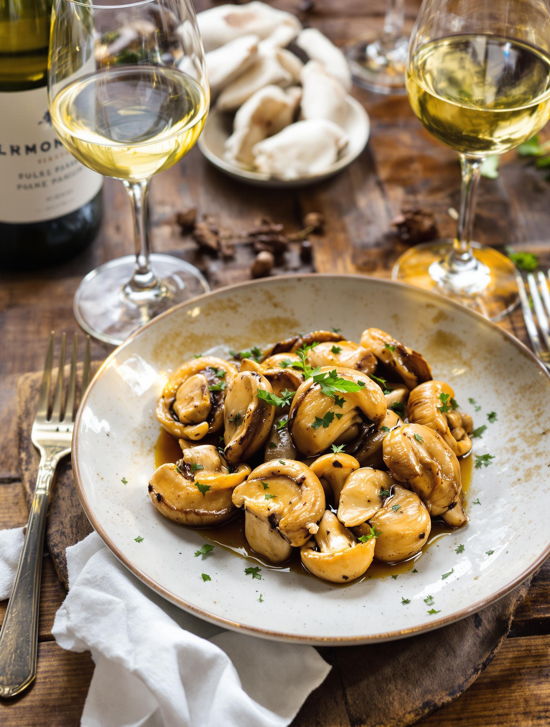 Plat de Boletus pinophilus sauté, accompagné de vin blanc boisé, présenté sur une table rustique.