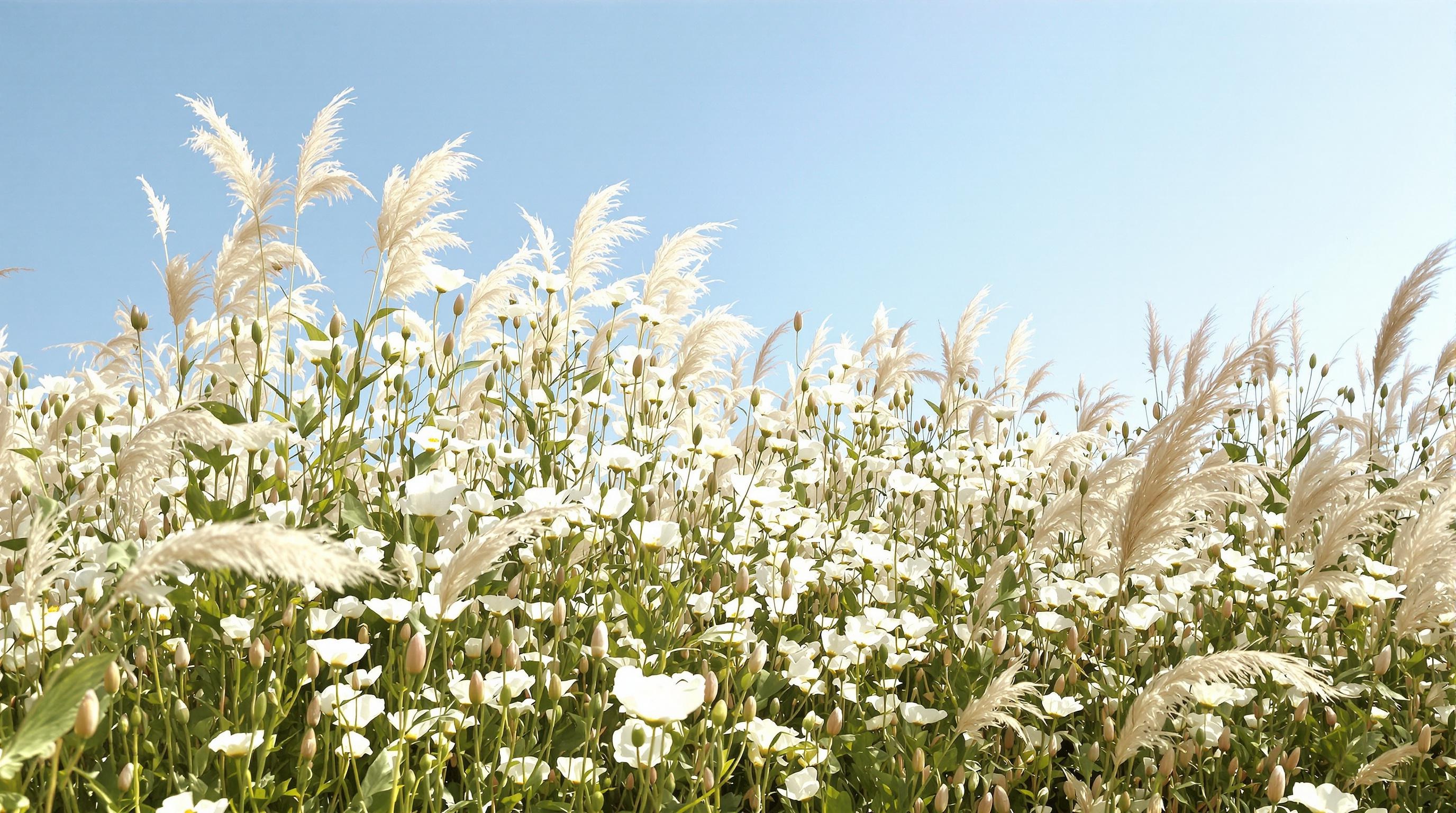 Plate-bande anarchique de coquelicots blancs et graminées sous un ciel bleu