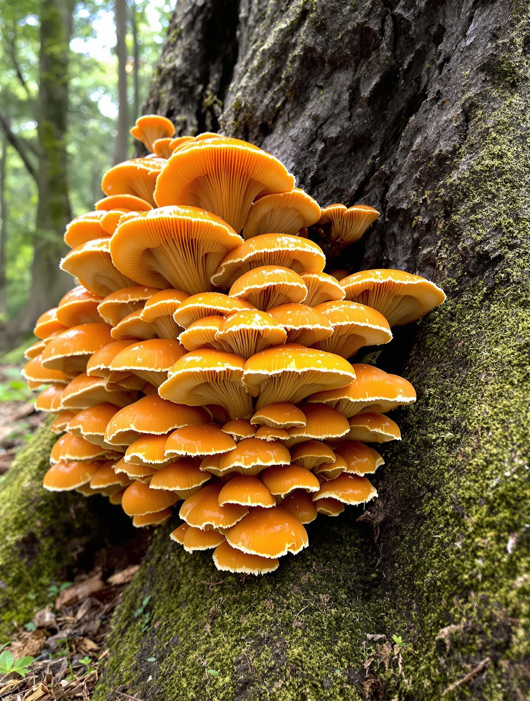Pleurote de l'olivier en touffe dense à la base d'un tronc mort dans un sous-bois méditerranéen.