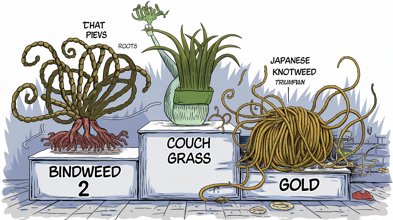Podium des mauvaises herbes : Liseron, Chiendent, Renouée du Japon, version cartoon