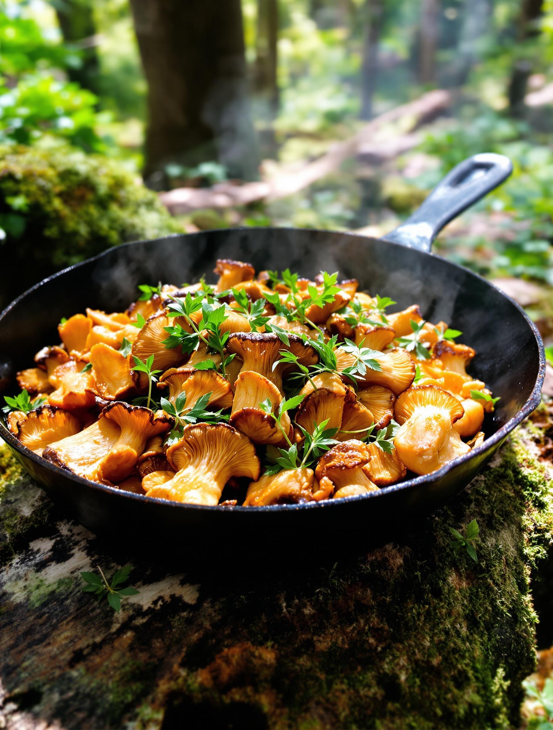 Poêlée de Clavulina cristata et girolles, herbes fraîches, poêle en fonte