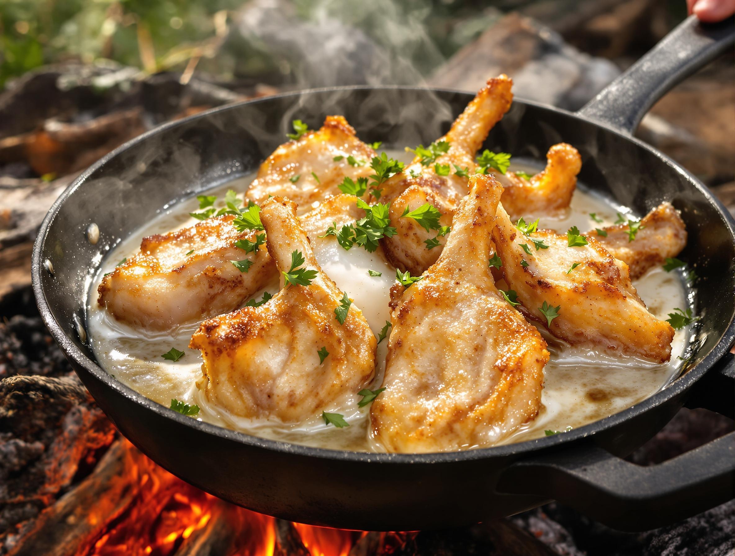 Poêlée d’oreilles de cochon dorées avec herbes fraîches et crème, vapeur visible, poêle en fonte sur feu de camp