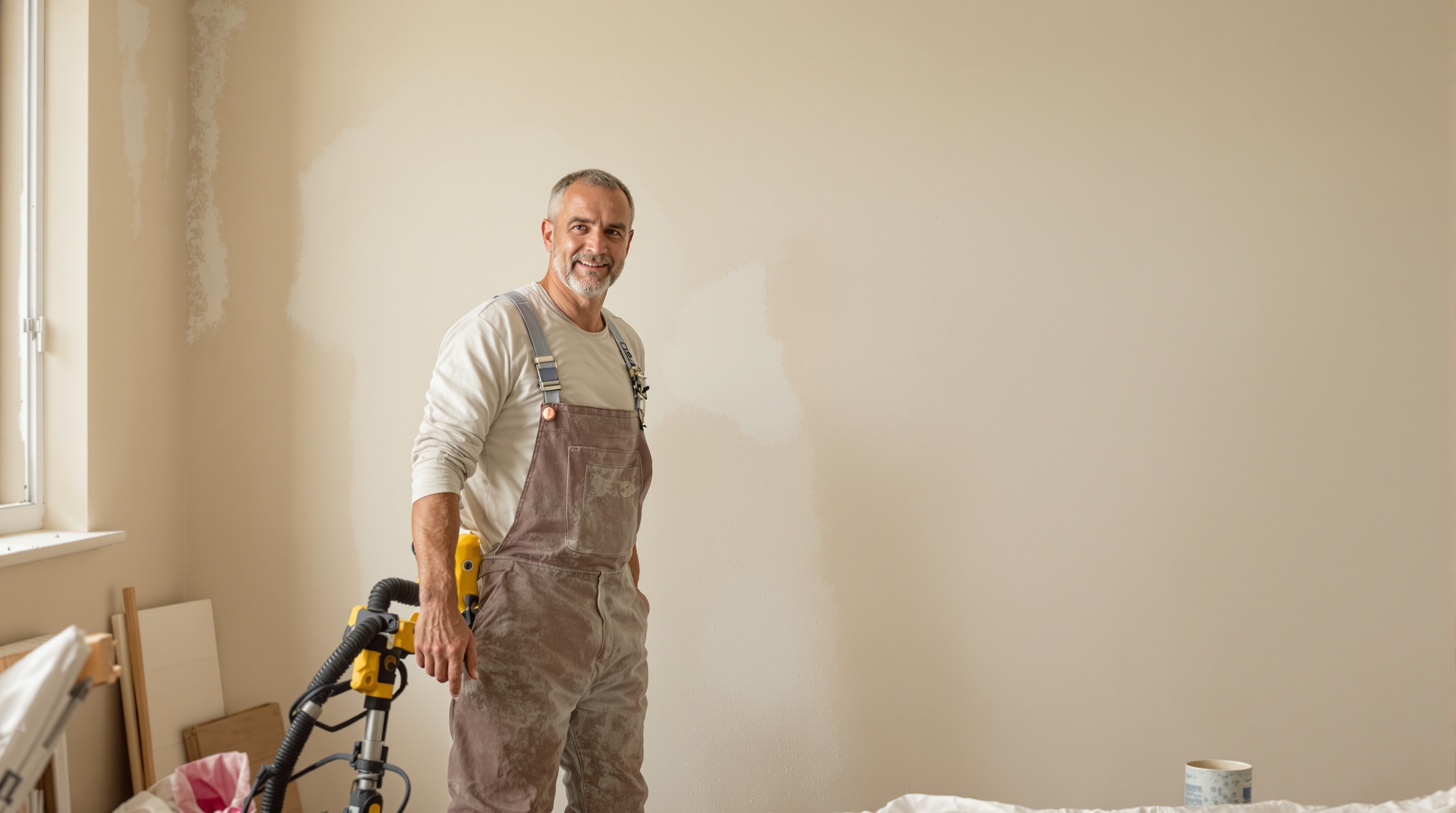 Une ponceuse girafe utilisée pour obtenir des murs parfaitement lisses, avec un bricoleur satisfait du résultat.