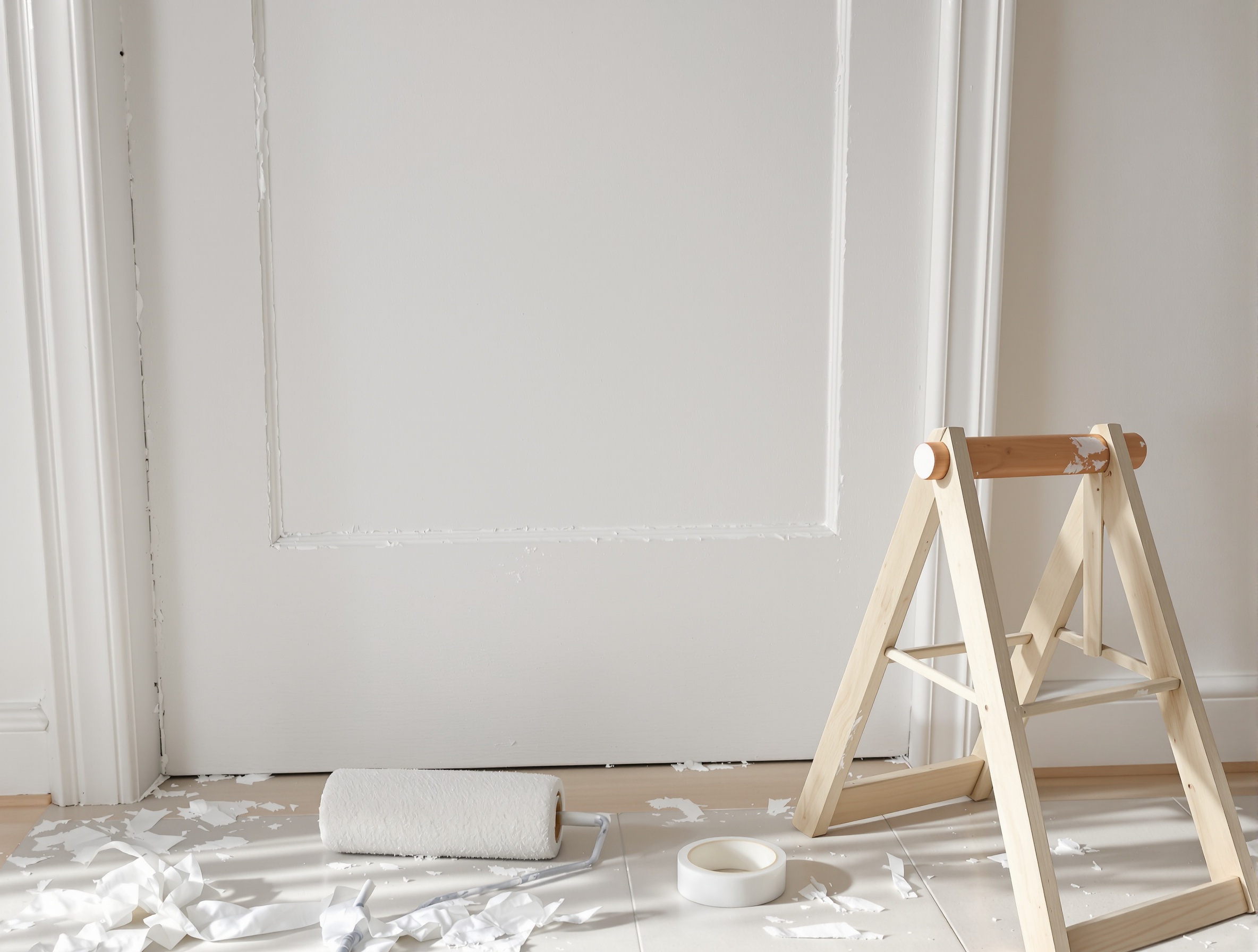 porte intérieure en cours de peinture avec matériel basique posé à côté