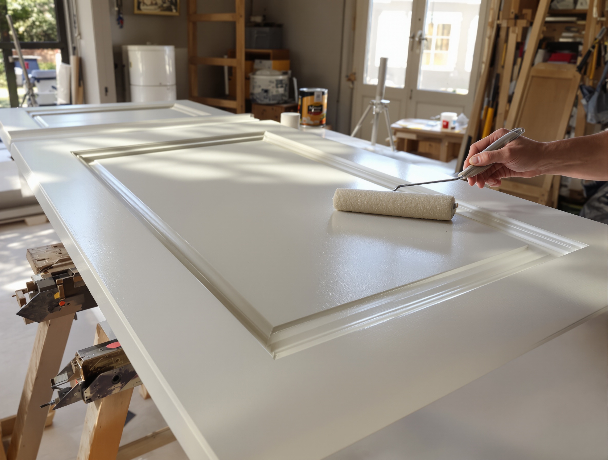 Porte intérieure posée sur tréteaux avec outils de peinture