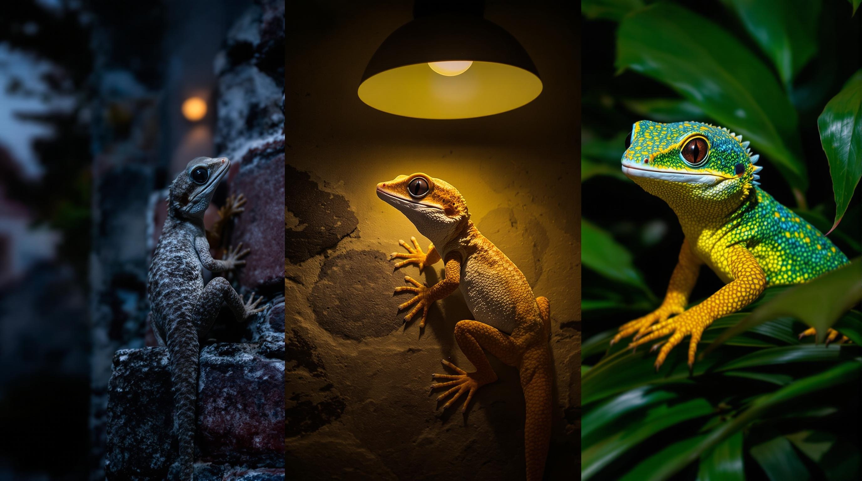 Portrait composite : Tarente de Maurétanie à Grenoble, Hemidactylus turcicus sous lampe, margouillat coloré aux Antilles.