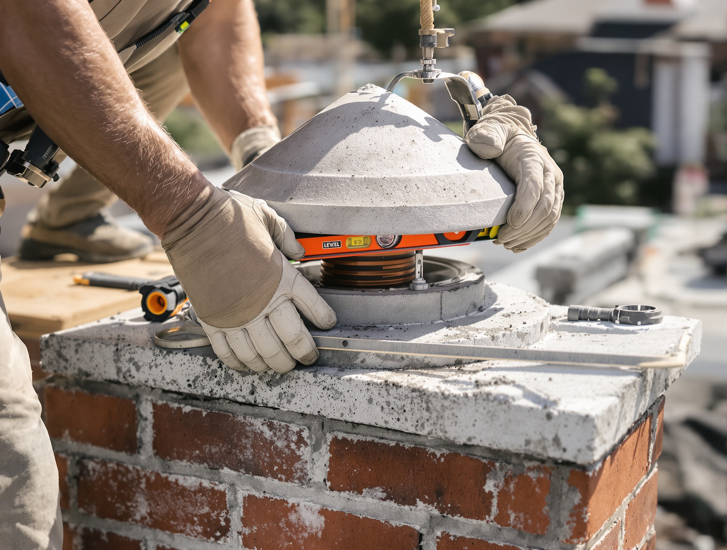 Positionnement précis du chapeau en béton avec niveau à bulle sur le toit.